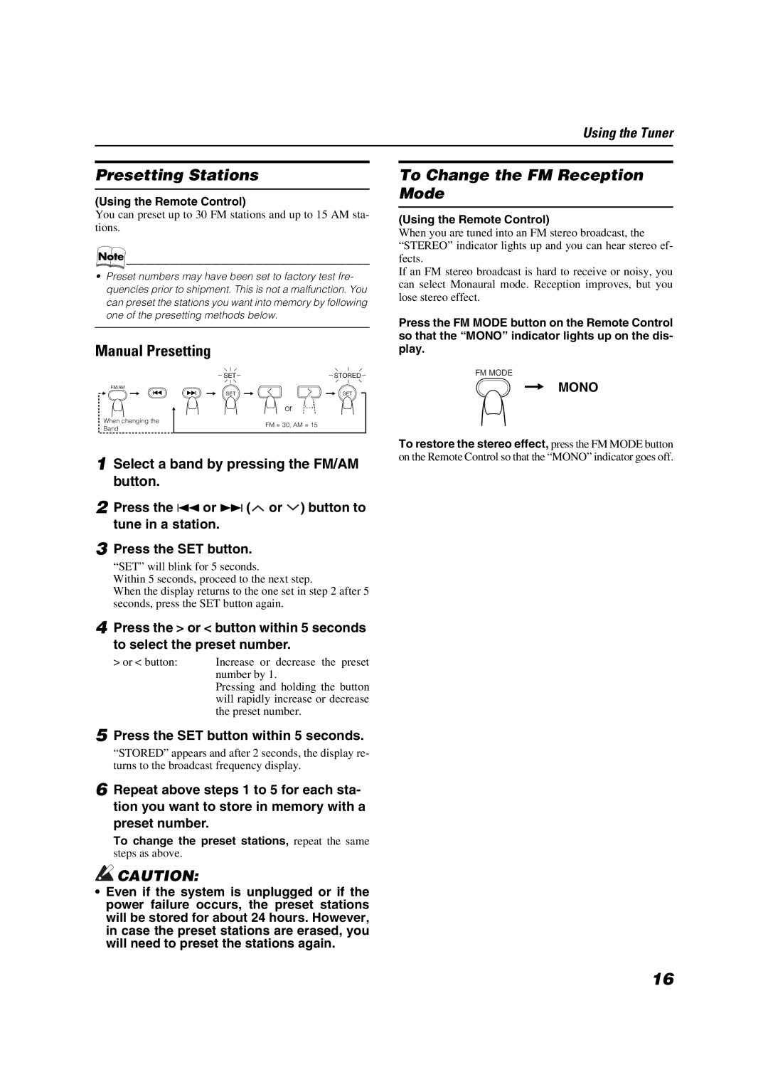 JVC VS-DT8 Presetting Stations, Manual Presetting, To Change the FM Reception Mode, Press the SET button within 5 seconds 