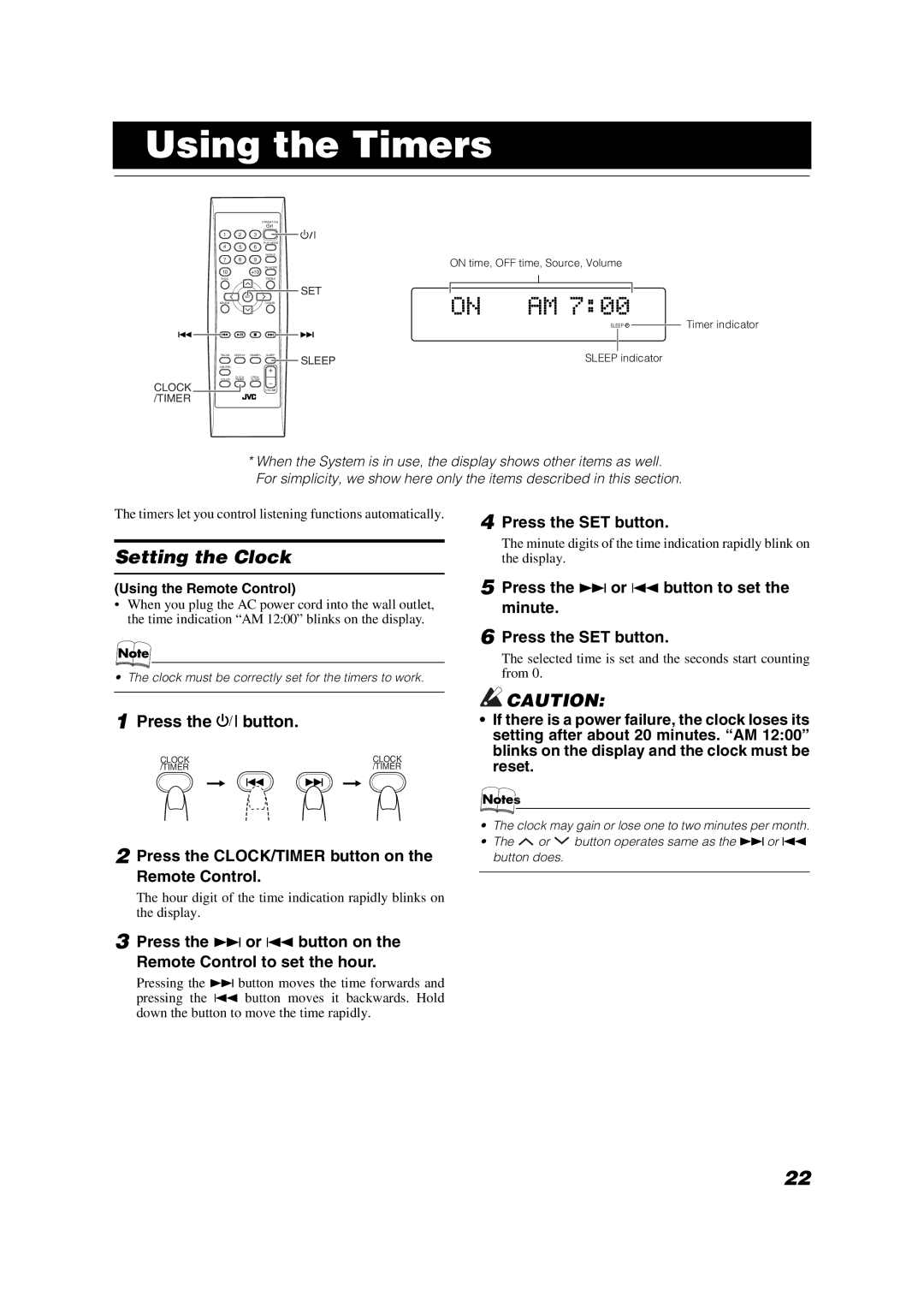 JVC VS-DT8, VS-DT6 manual Using the Timers, Setting the Clock, Press the CLOCK/TIMER button on the Remote Control 