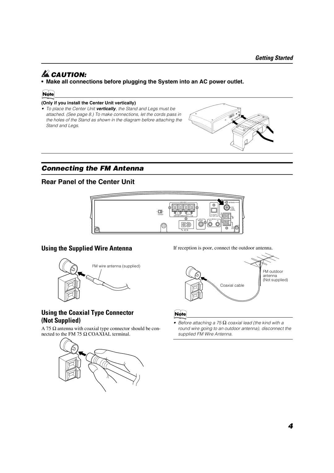 JVC VS-DT8 manual Connecting the FM Antenna, Using the Supplied Wire Antenna, Using the Coaxial Type Connector Not Supplied 