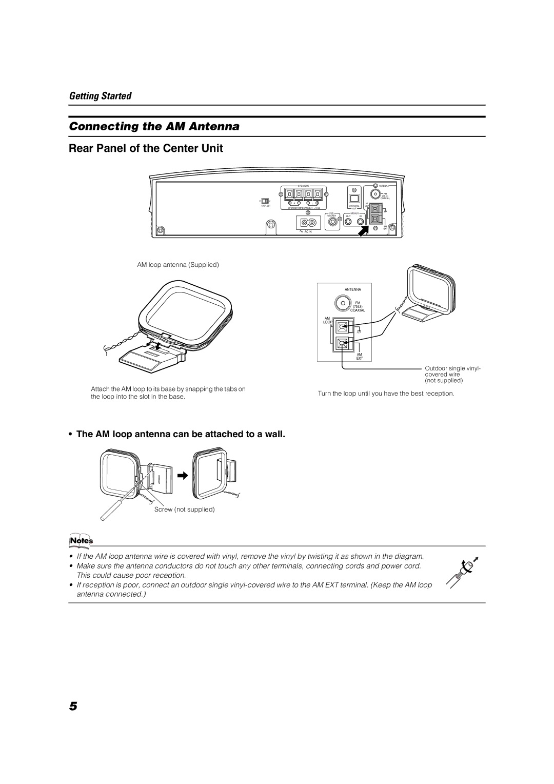 JVC VS-DT6, VS-DT8 manual Connecting the AM Antenna, AM loop antenna can be attached to a wall 