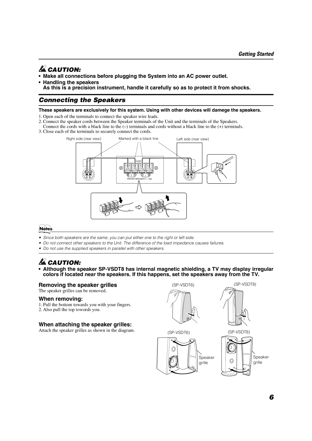 JVC VS-DT8 manual Connecting the Speakers, Removing the speaker grilles, When removing, When attaching the speaker grilles 