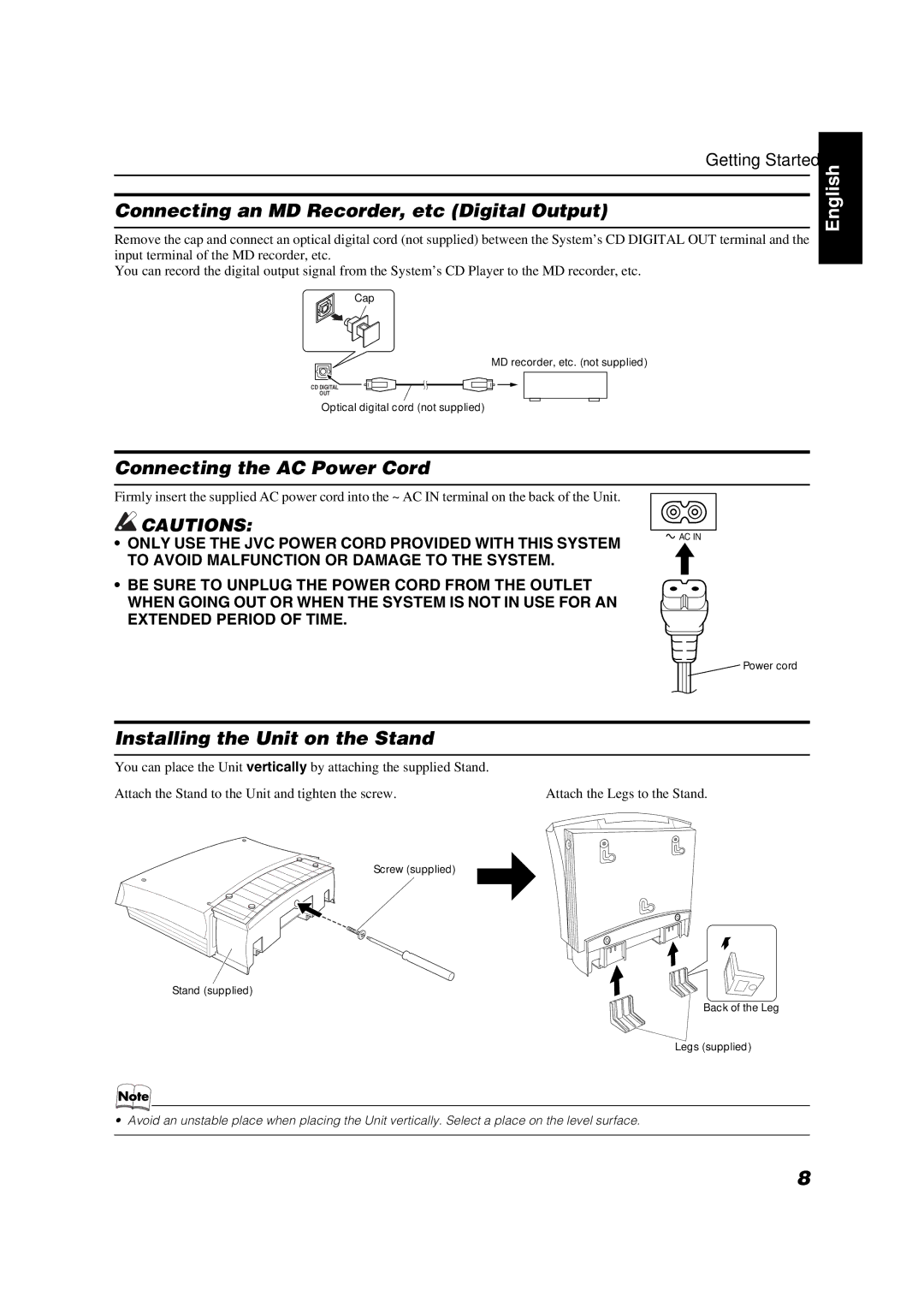 JVC VS-DT88V Connecting an MD Recorder, etc Digital Output, Connecting the AC Power Cord, Installing the Unit on the Stand 