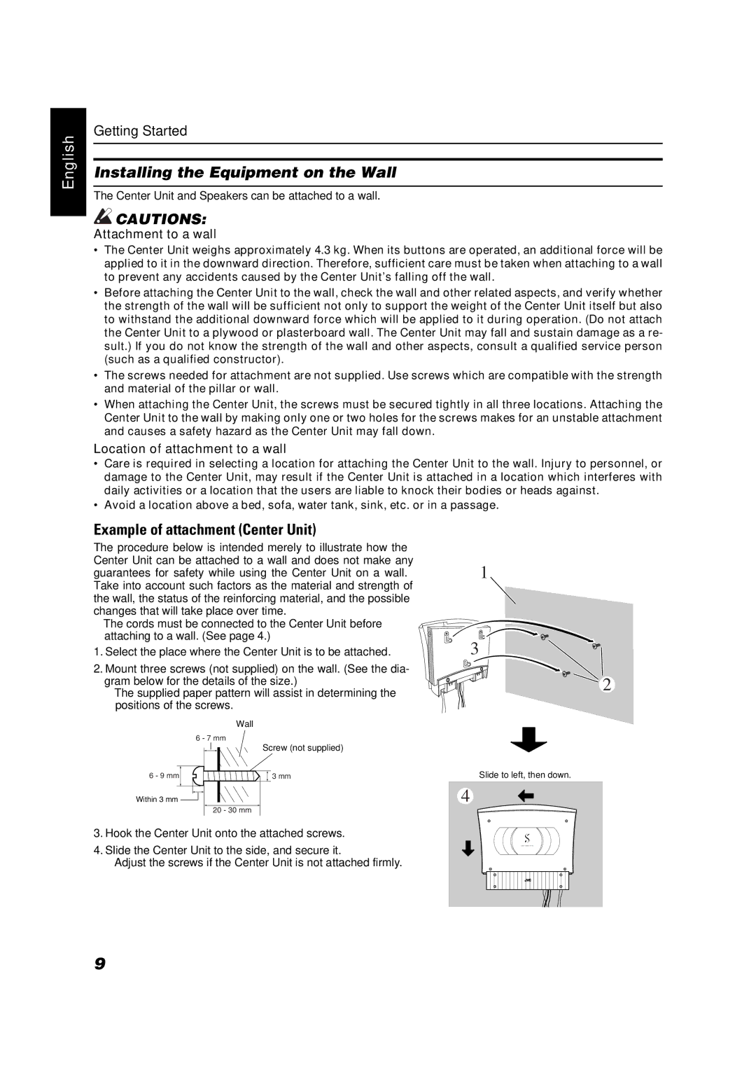 JVC VS-DT68V, VS-DT88V manual Installing the Equipment on the Wall, Example of attachment Center Unit, Attachment to a wall 