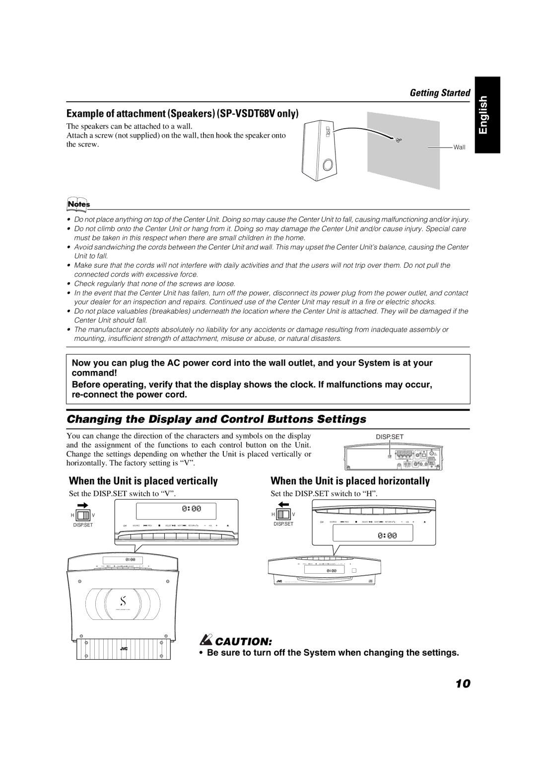 JVC VS-DT88V, VS-DT68V Example of attachment Speakers SP-VSDT68V only, Changing the Display and Control Buttons Settings 