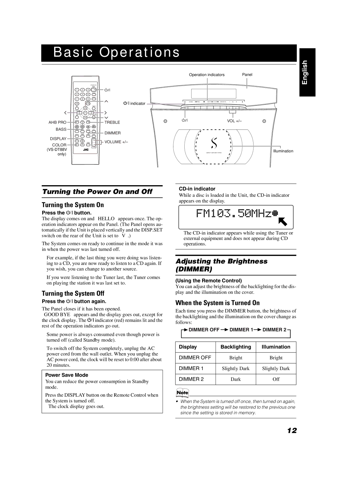 JVC VS-DT88V, VS-DT68V manual Basic Operations, Turning the Power On and Off, Adjusting the Brightness Dimmer 