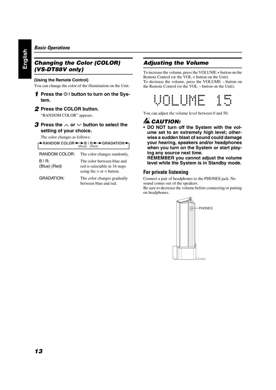 JVC VS-DT68V manual Changing the Color Color Adjusting the Volume VS-DT88V only, For private listening 