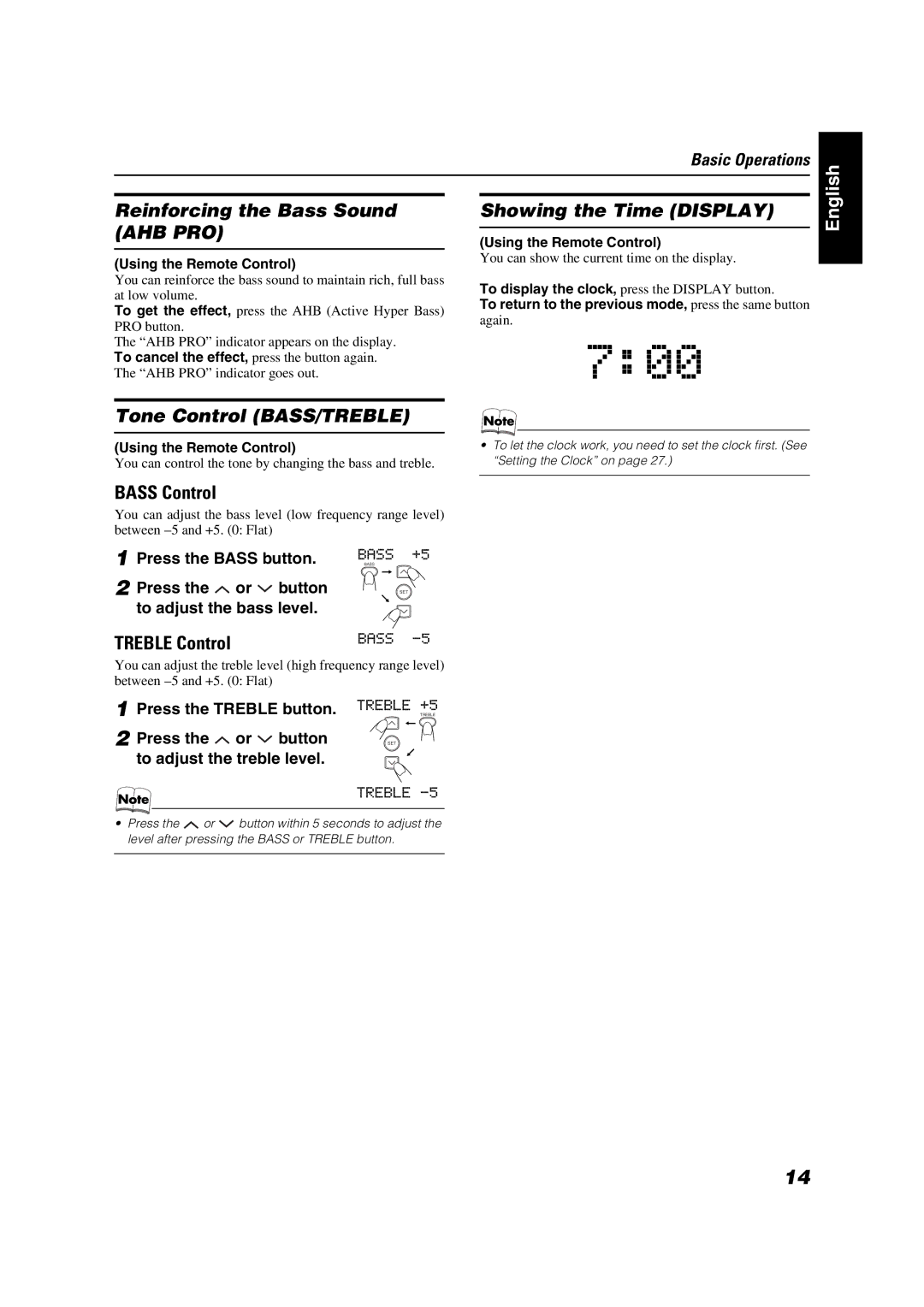 JVC VS-DT88V manual Reinforcing the Bass Sound AHB PRO, Showing the Time Display, Tone Control BASS/TREBLE, Bass Control 