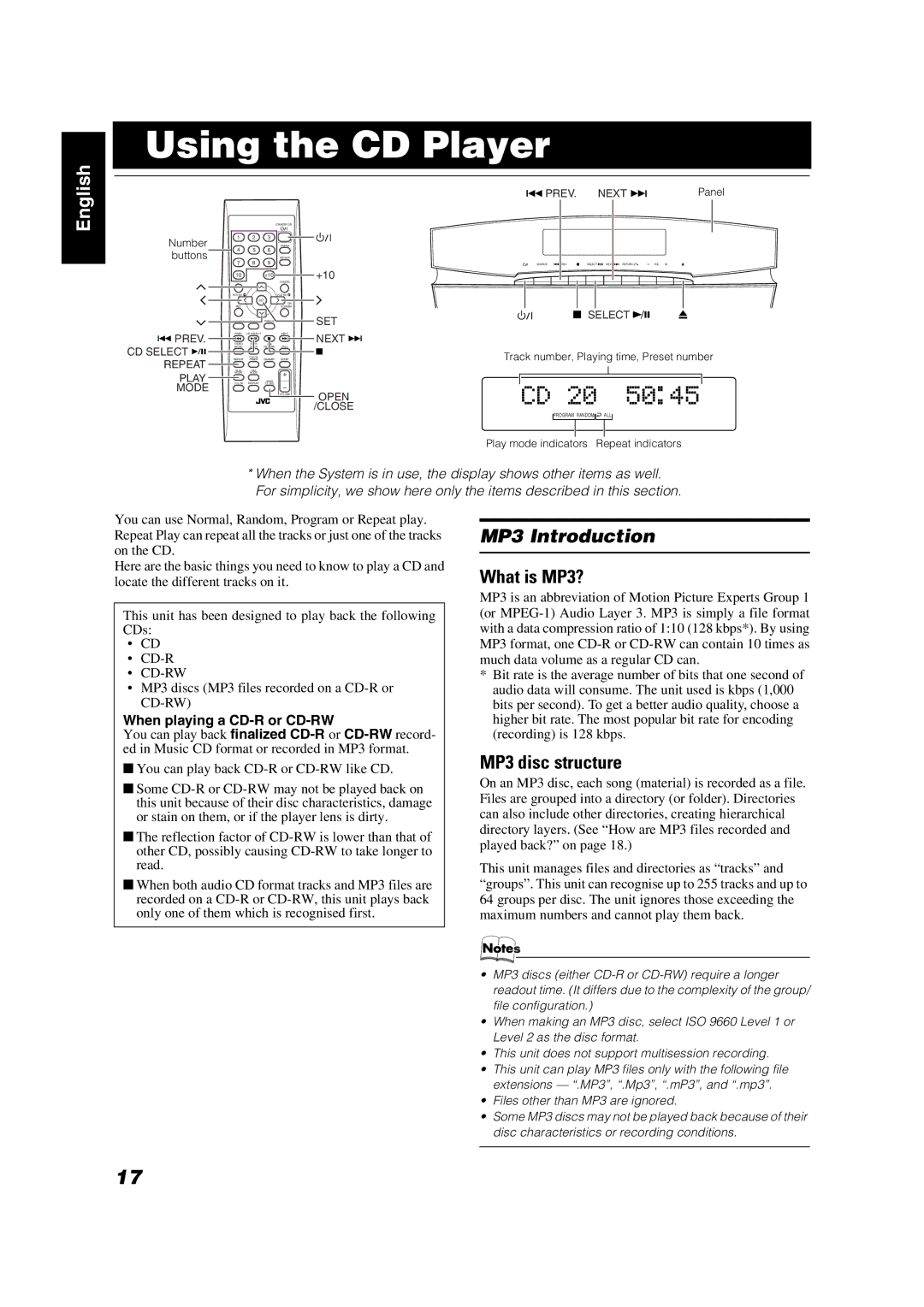 JVC VS-DT68V manual Using the CD Player, MP3 Introduction, What is MP3?, MP3 disc structure, When playing a CD-R or CD-RW 