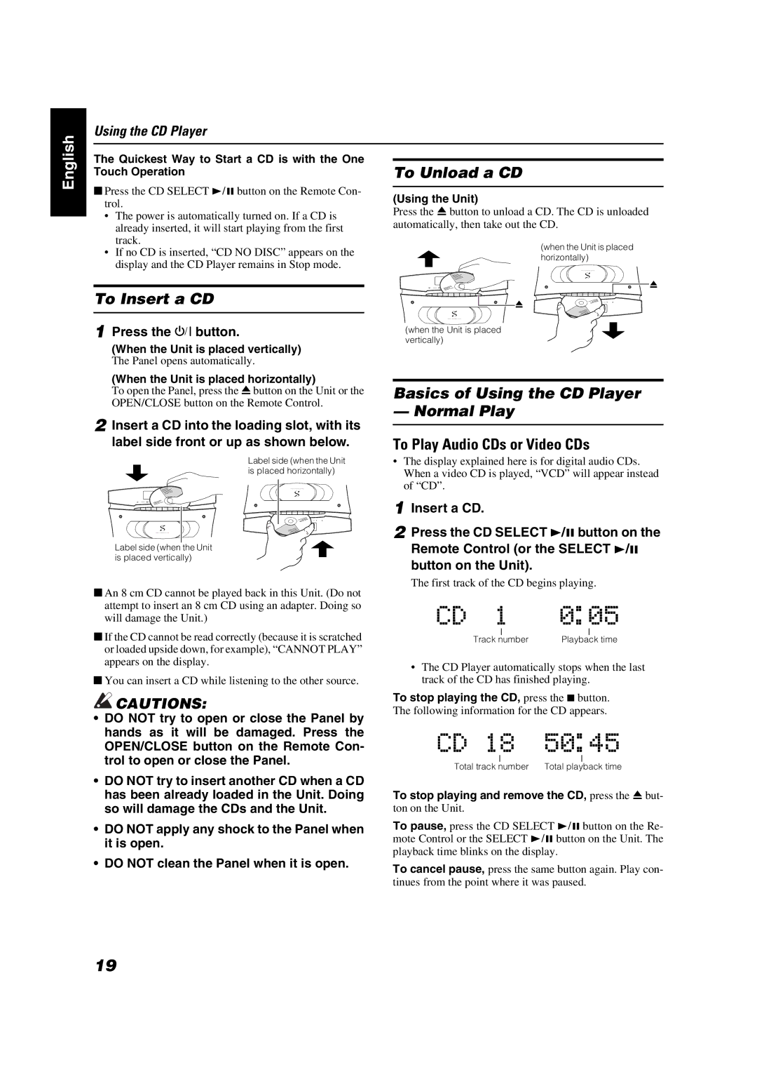 JVC VS-DT68V To Insert a CD, To Unload a CD, Basics of Using the CD Player Normal Play, To Play Audio CDs or Video CDs 