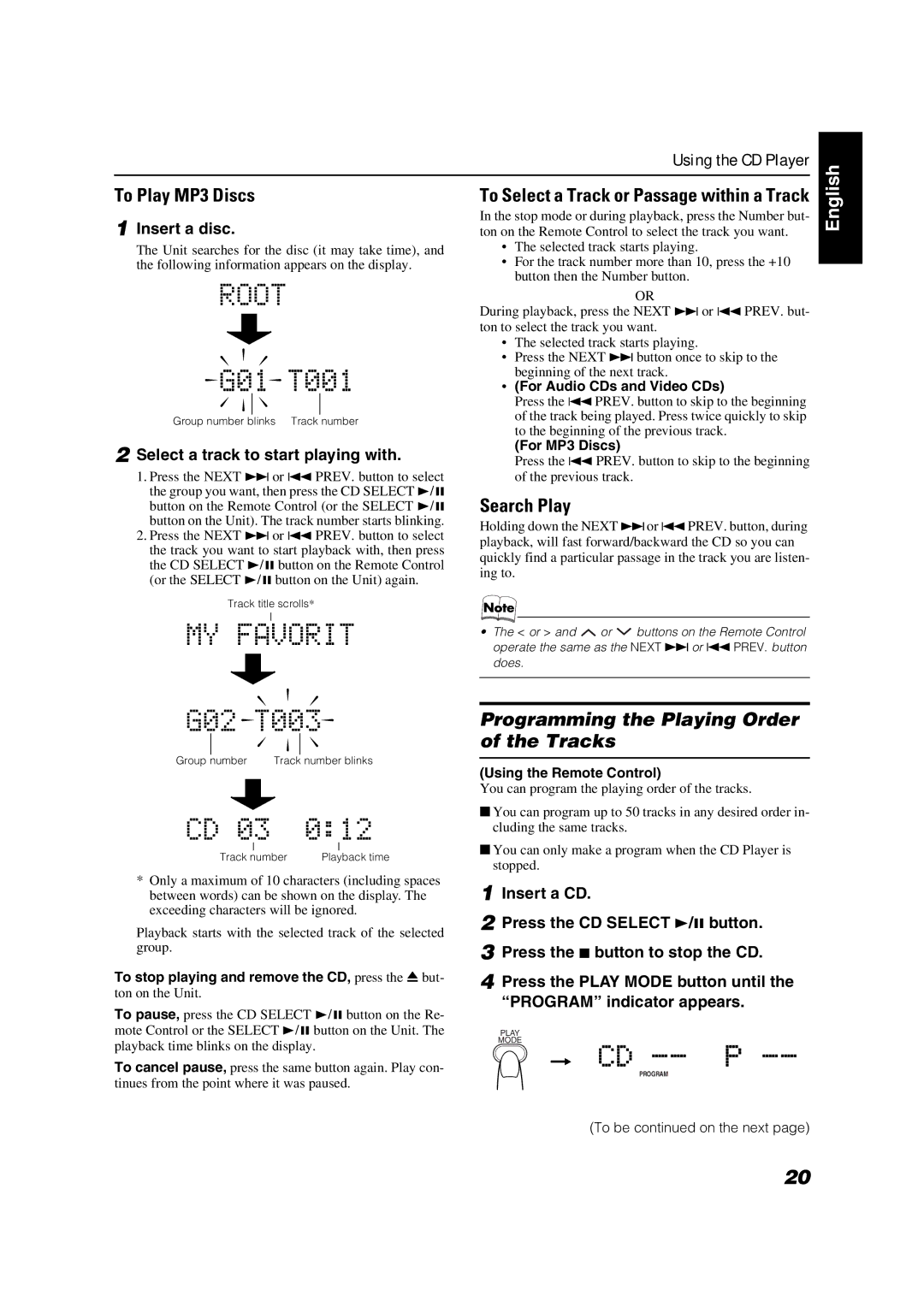 JVC VS-DT88V, VS-DT68V manual To Play MP3 Discs, Search Play, Programming the Playing Order of the Tracks, Insert a disc 