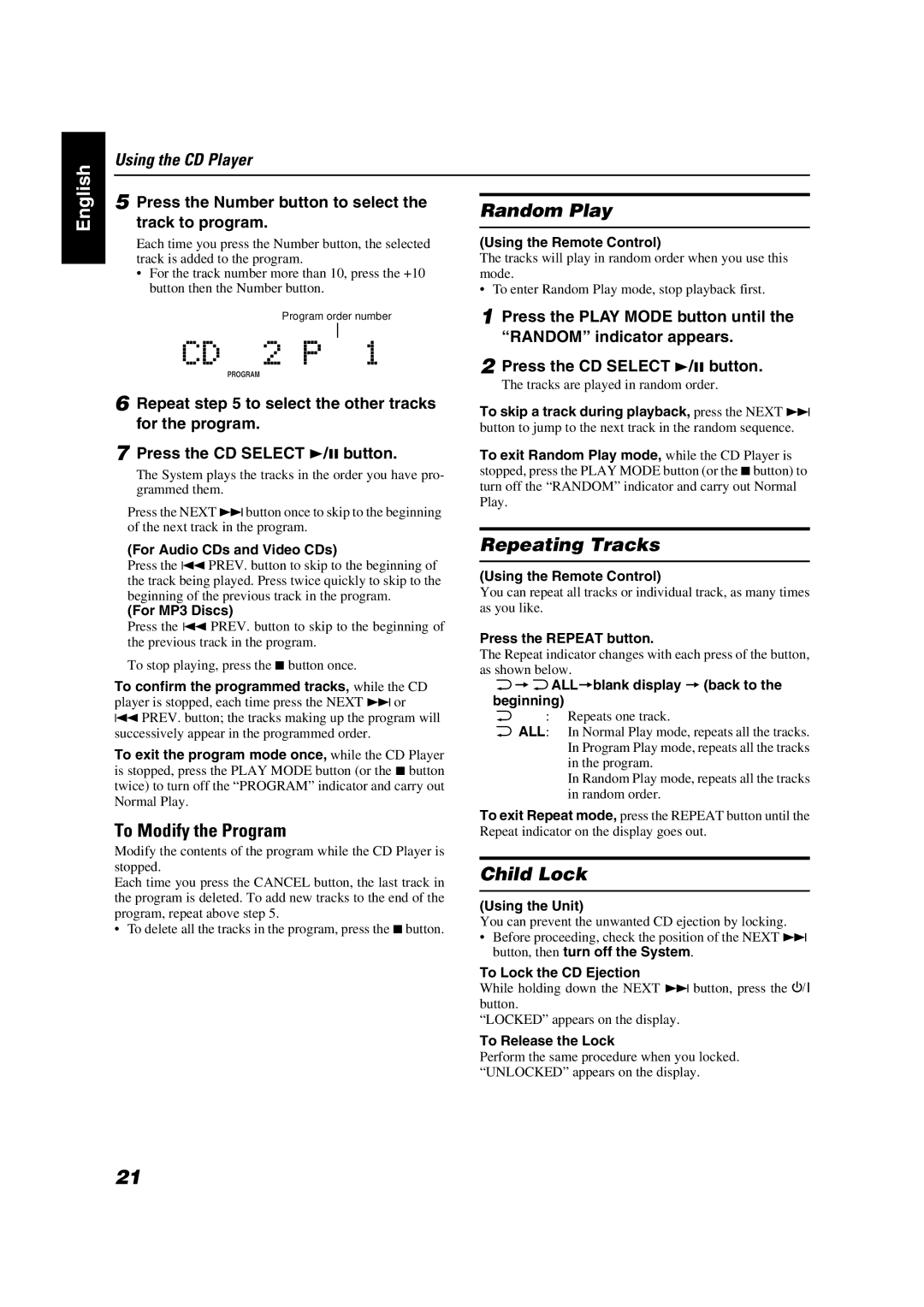 JVC VS-DT68V, VS-DT88V manual Random Play, To Modify the Program, Repeating Tracks, Child Lock 