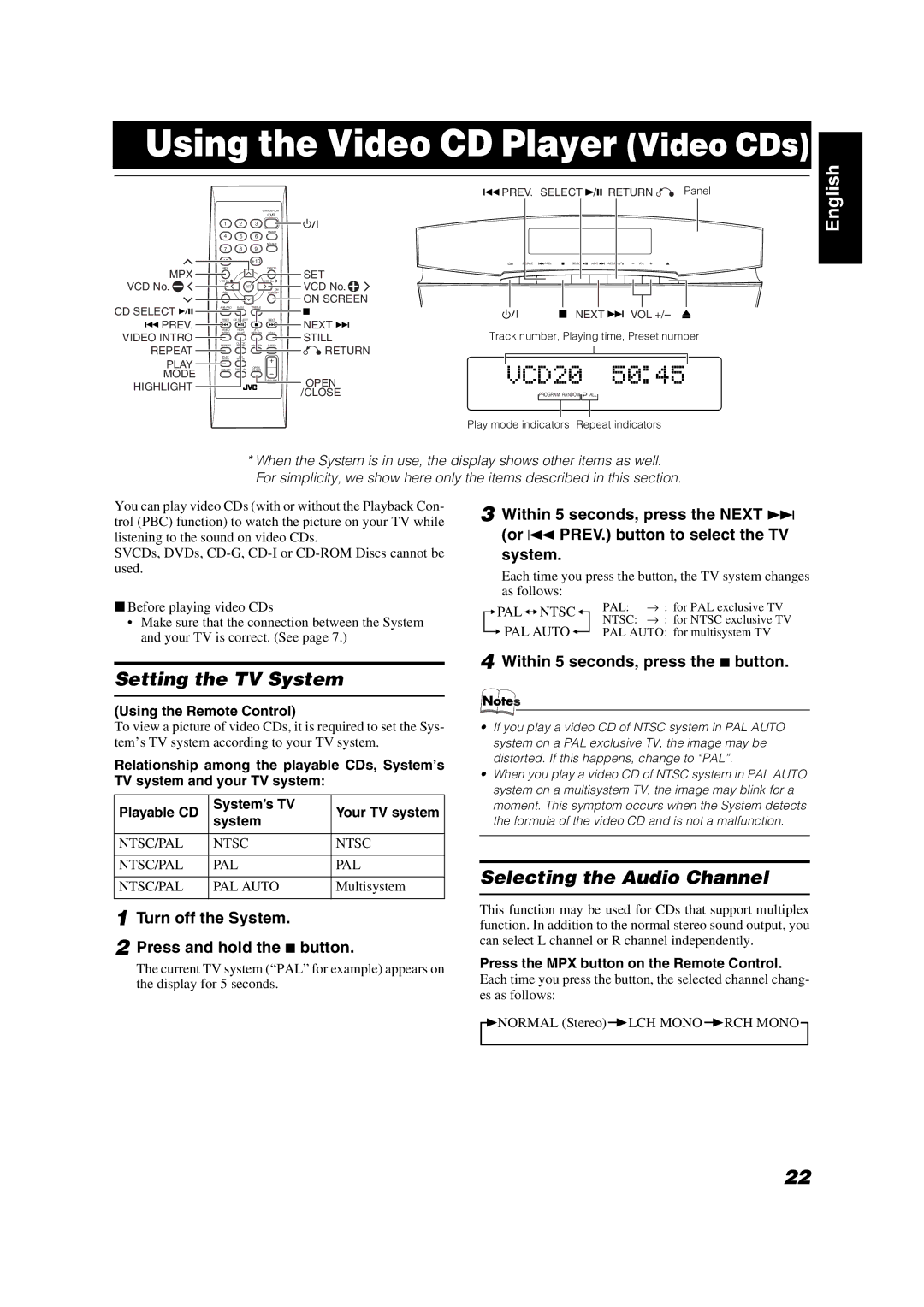 JVC VS-DT88V, VS-DT68V manual Using the Video CD Player Video CDs, Setting the TV System, Selecting the Audio Channel 