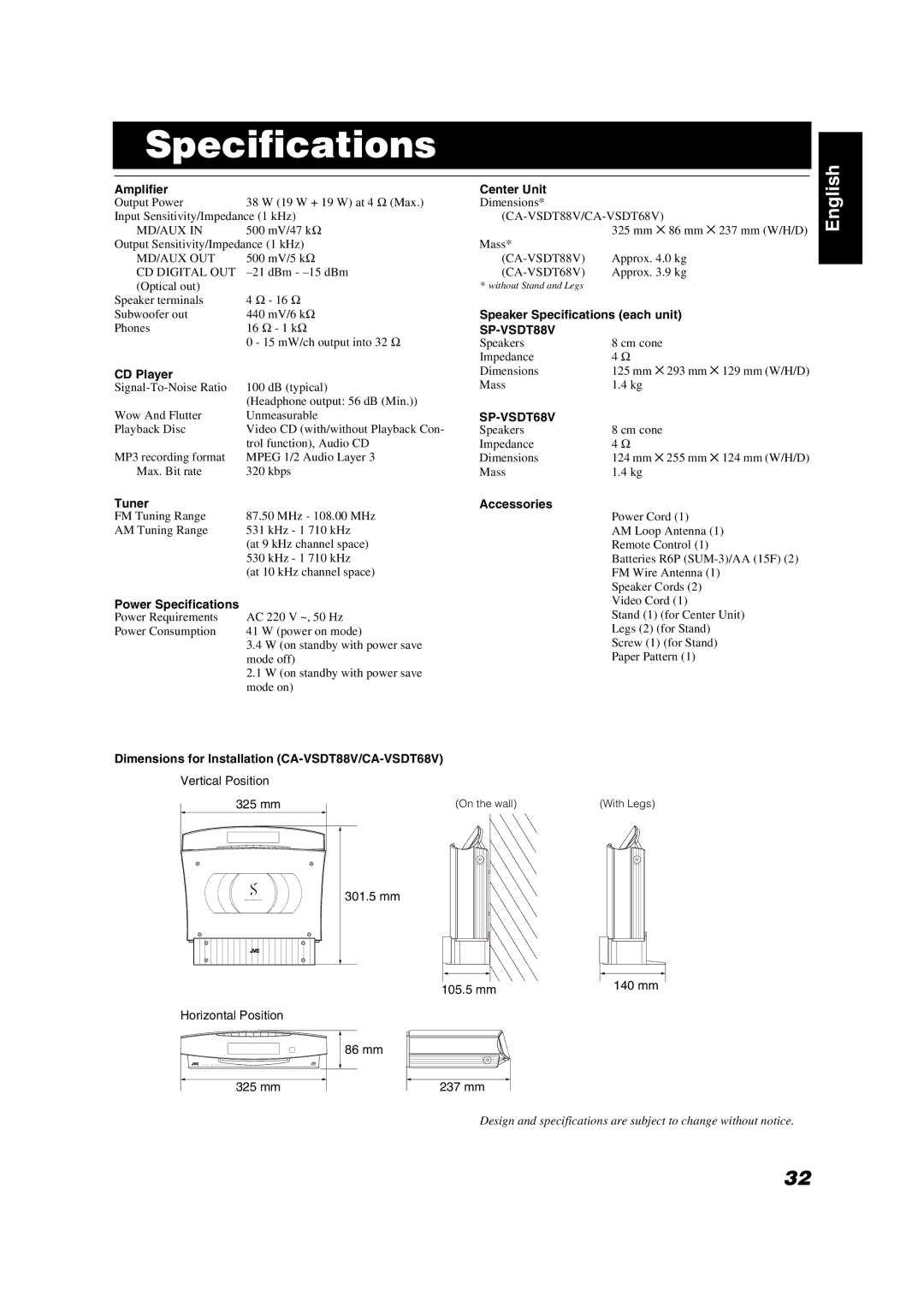 JVC VS-DT88V, VS-DT68V manual Specifications, Amplifier 