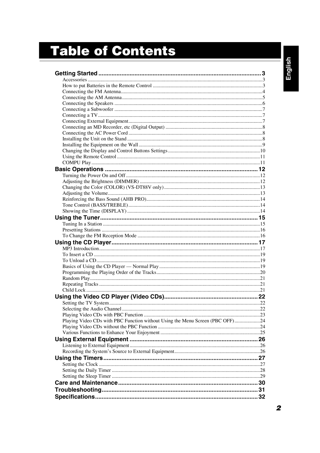 JVC VS-DT88V, VS-DT68V manual Table of Contents 