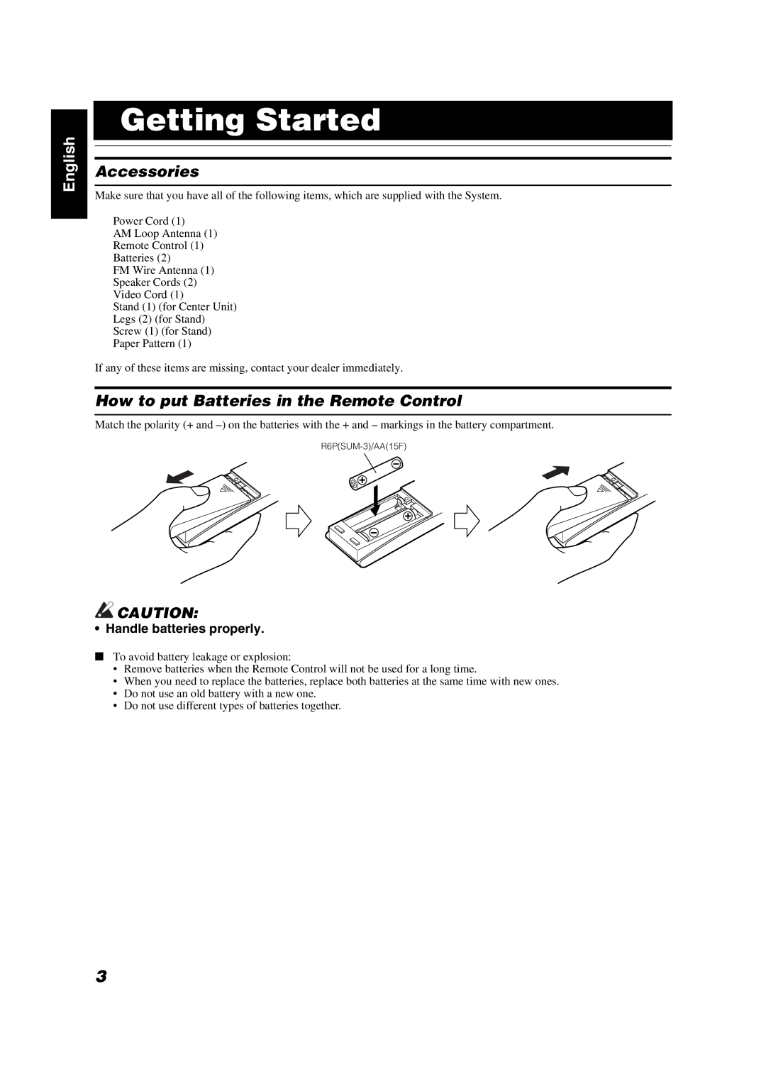 JVC VS-DT68V, VS-DT88V Getting Started, Accessories, How to put Batteries in the Remote Control, Handle batteries properly 