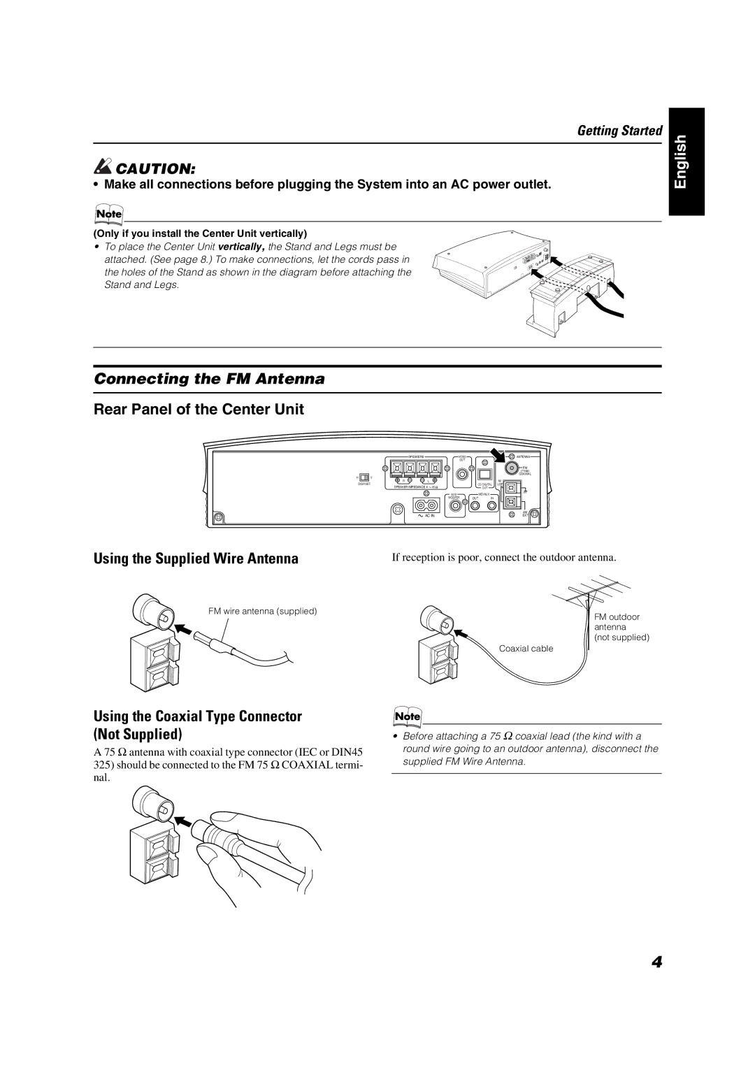 JVC VS-DT88V Connecting the FM Antenna, Using the Supplied Wire Antenna, Using the Coaxial Type Connector Not Supplied 