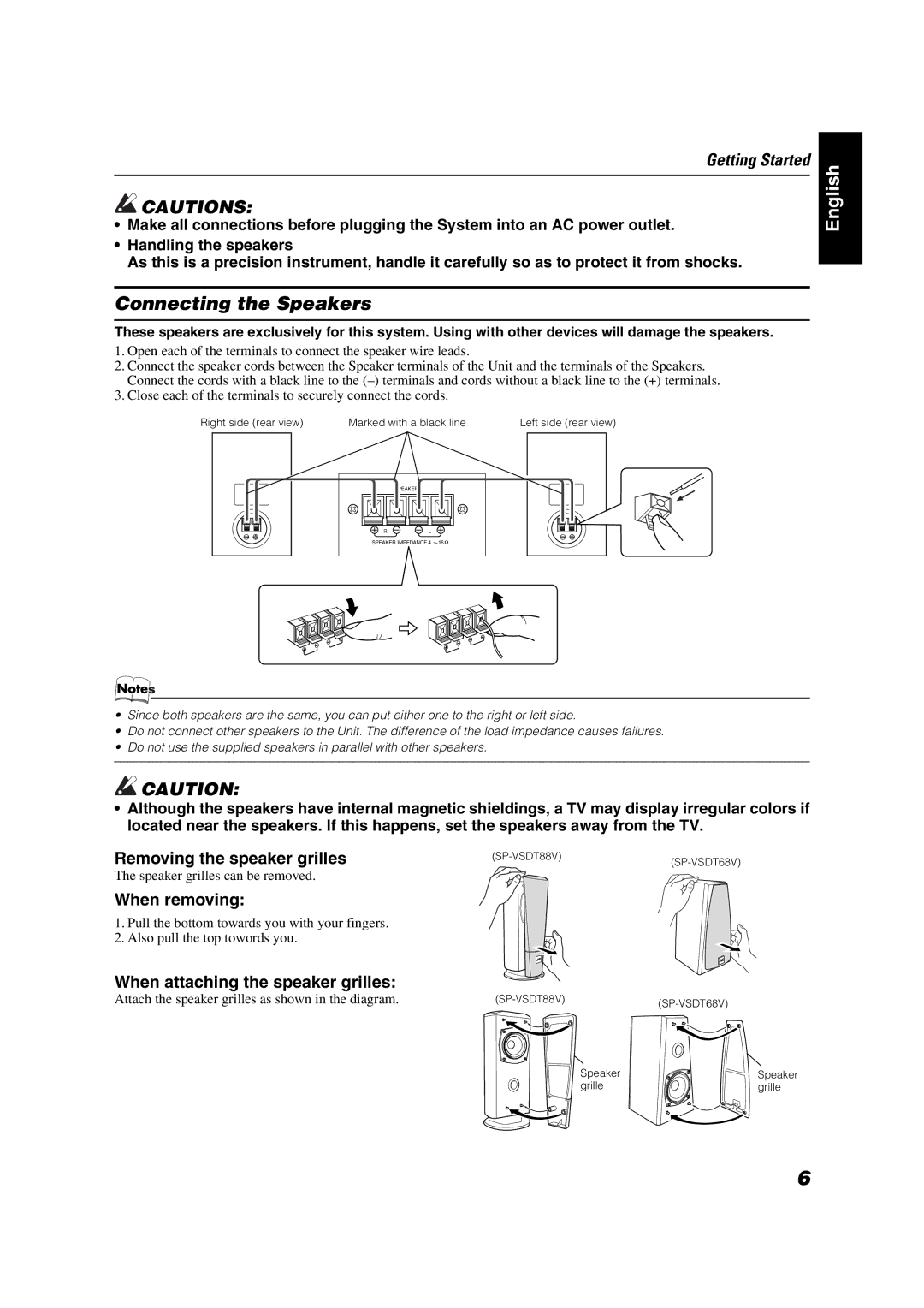 JVC VS-DT88V Connecting the Speakers, Removing the speaker grilles, When removing, When attaching the speaker grilles 