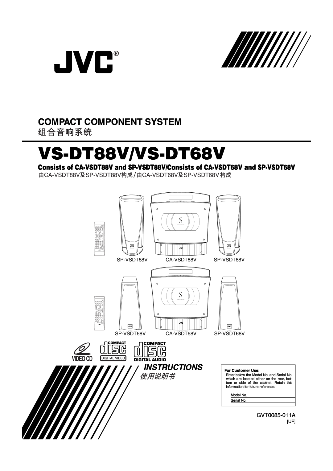 JVC manual VS-DT88V/VS-DT68V, Compact Component System, Instructions, CA-VSDT88VSP-VSDT88V/ CA-VSDT68VSP-VSDT68V 