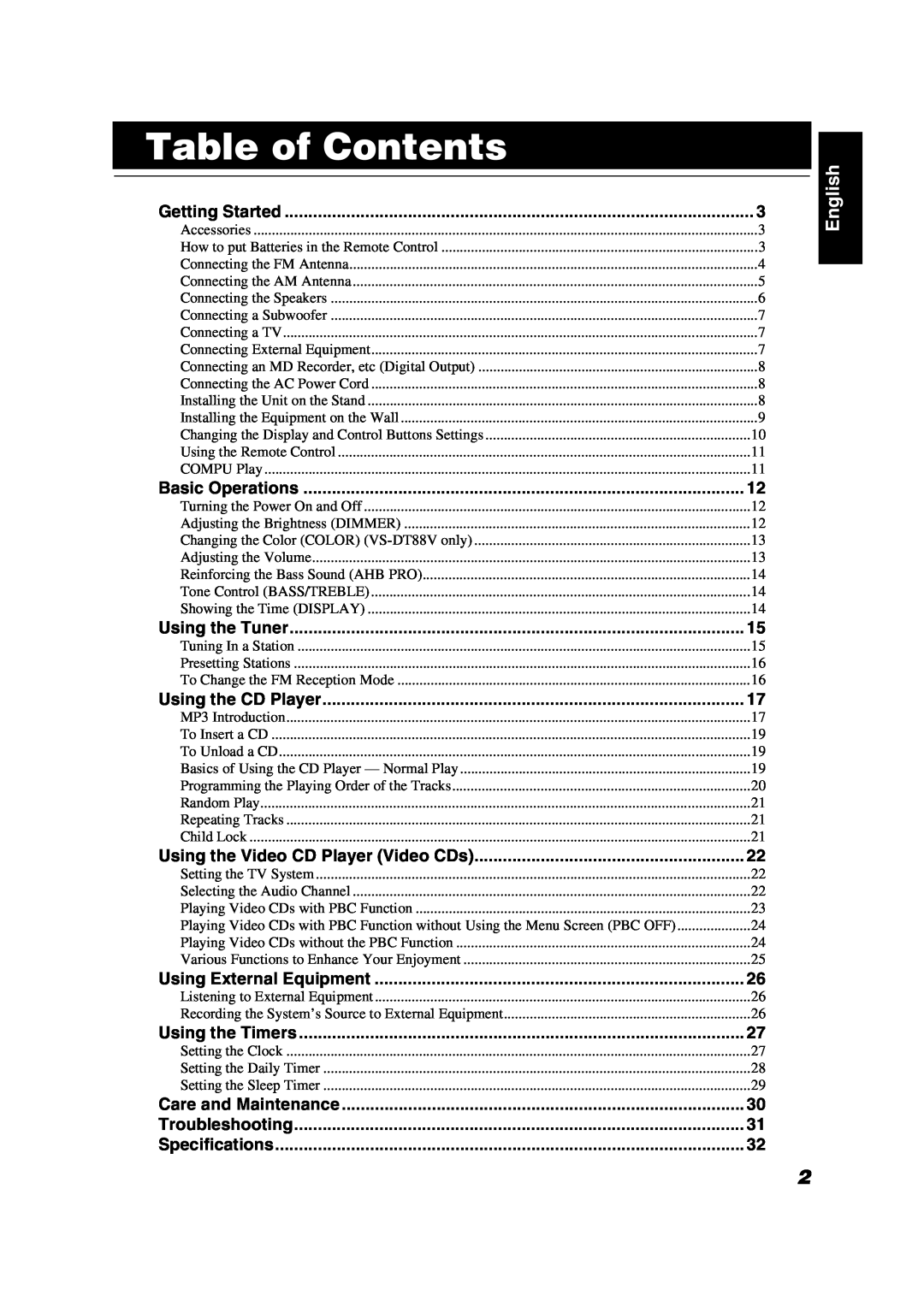 JVC VS-DT88V, VS-DT68V manual Table of Contents, English 
