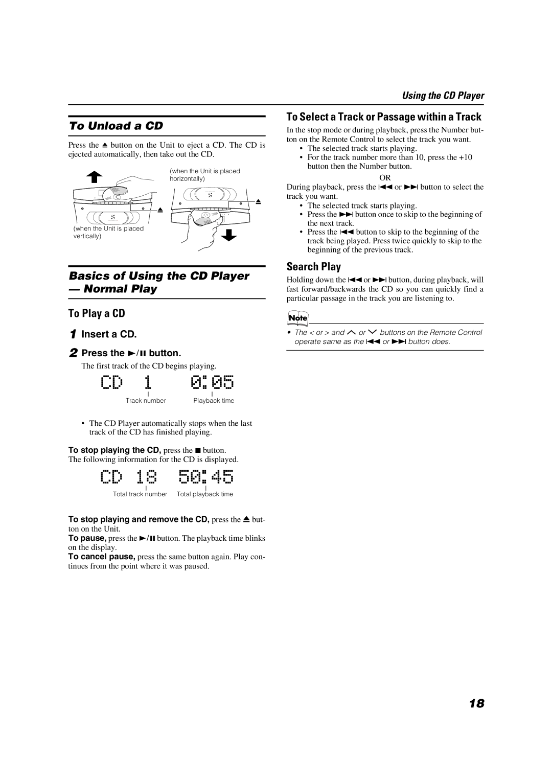 JVC VS-DT6/VS-DT8 manual To Unload a CD, Basics of Using the CD Player Normal Play, To Play a CD, Search Play 