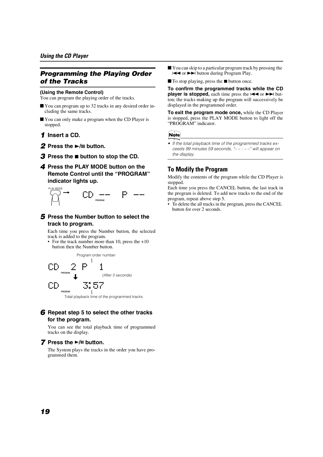 JVC VS-DT6/VS-DT8 manual Programming the Playing Order of the Tracks, To Modify the Program, Indicator lights up 