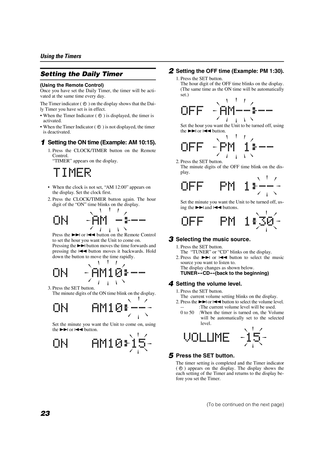 JVC VS-DT6/VS-DT8 manual Setting the Daily Timer, Setting the on time Example AM, Setting the OFF time Example PM 