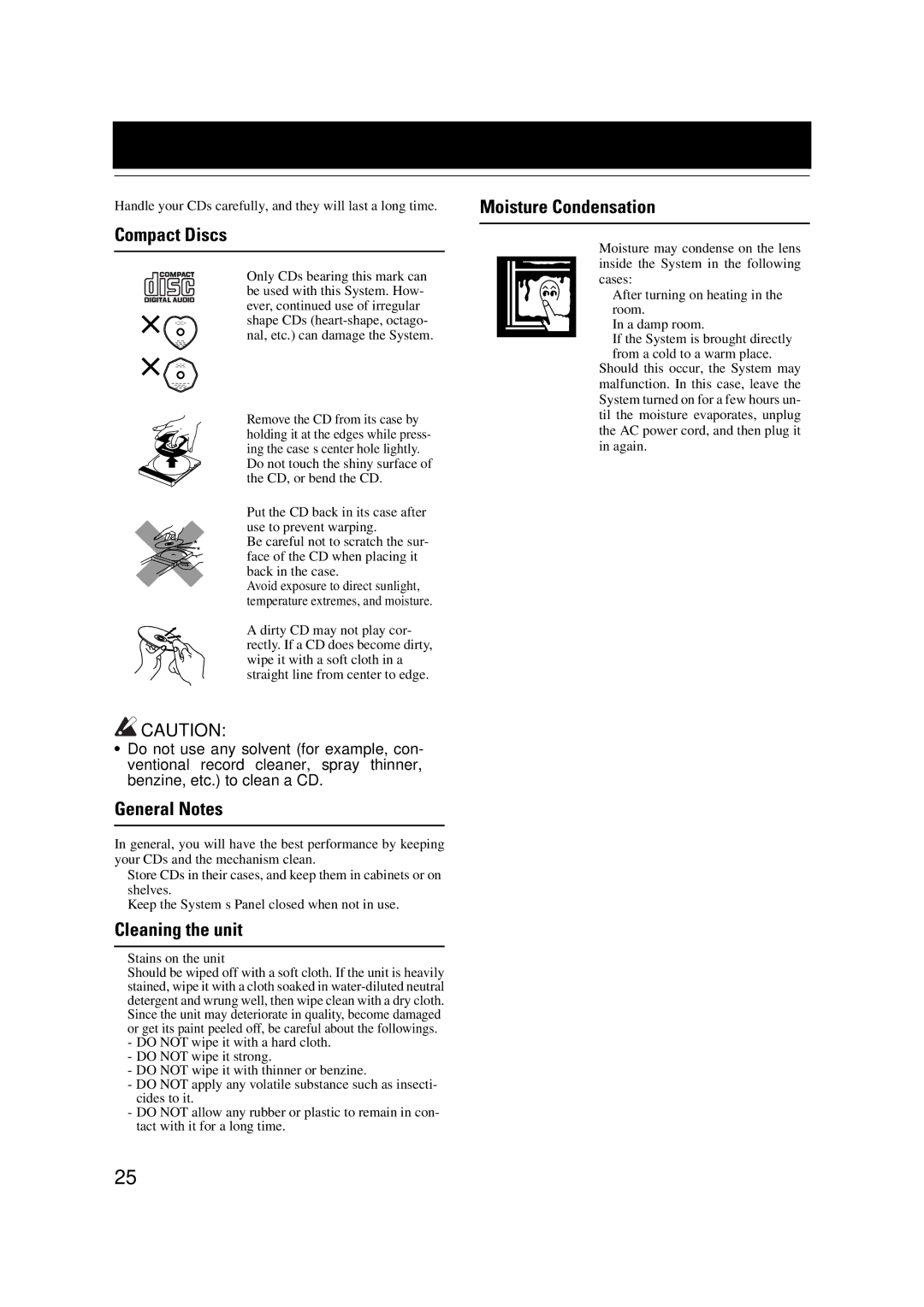 JVC VS-DT6/VS-DT8 manual Care And Maintenance, Compact Discs, General Notes, Cleaning the unit, Moisture Condensation 