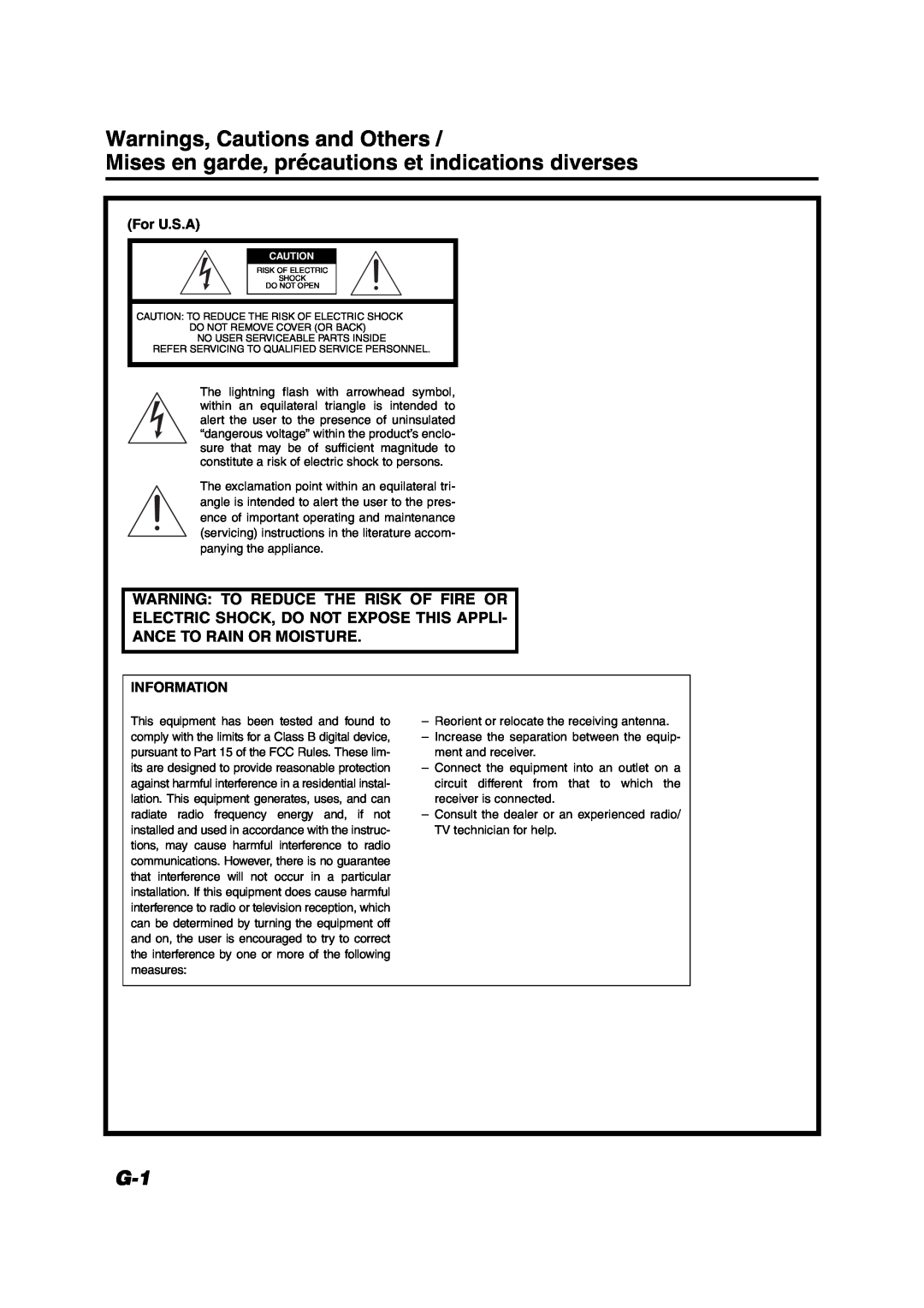 JVC VS-DT6/VS-DT8 manual Warnings, Cautions and Others, For U.S.A, Information 