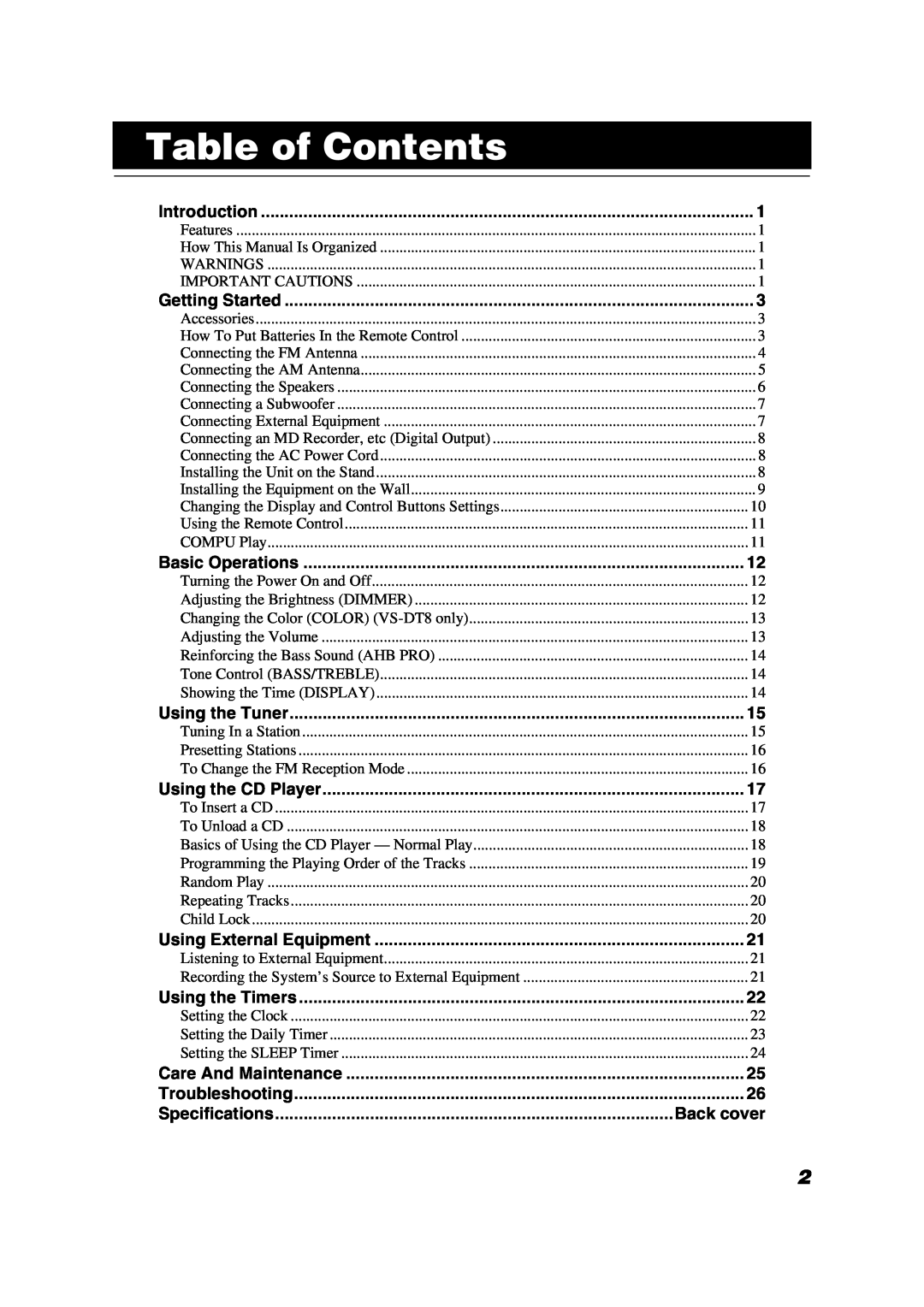 JVC VS-DT6/VS-DT8 manual Table of Contents, Specifications 