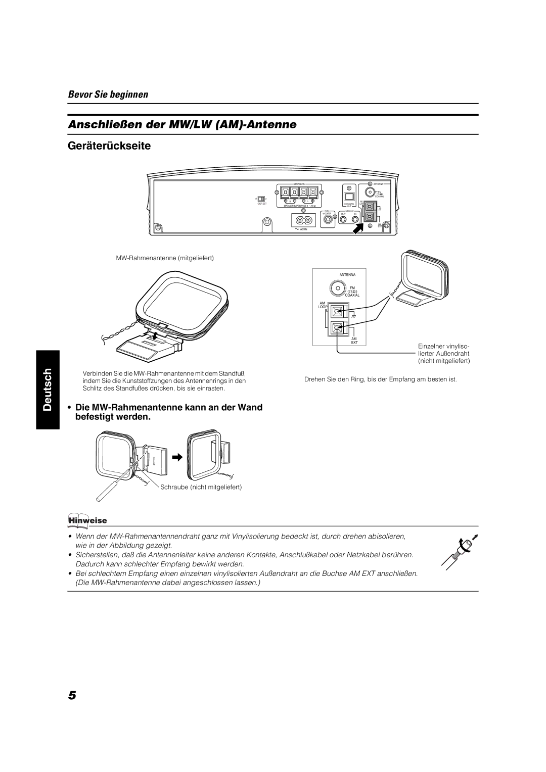 JVC VS-DT6R, VS-DT9R, VS-DT7R manual Anschließen der MW/LW AM-Antenne, Die MW-Rahmenantenne kann an der Wand befestigt werden 