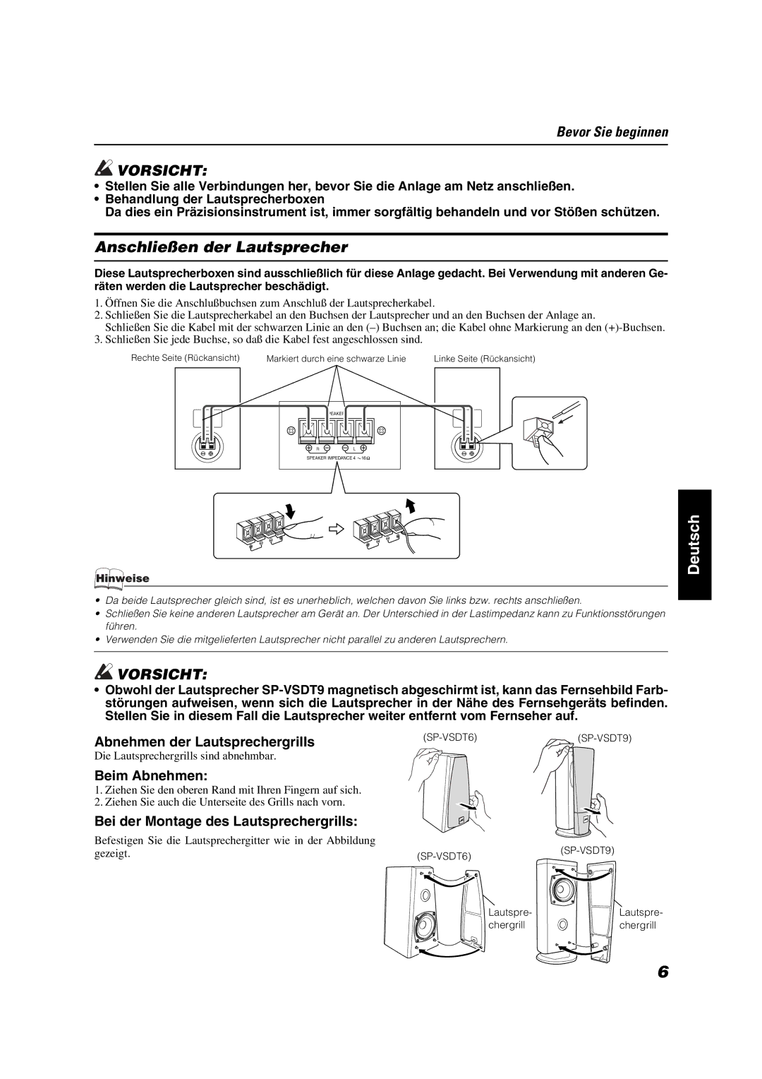 JVC VS-DT7R, VS-DT9R, VS-DT6R manual Anschließen der Lautsprecher, Abnehmen der Lautsprechergrills, Beim Abnehmen 