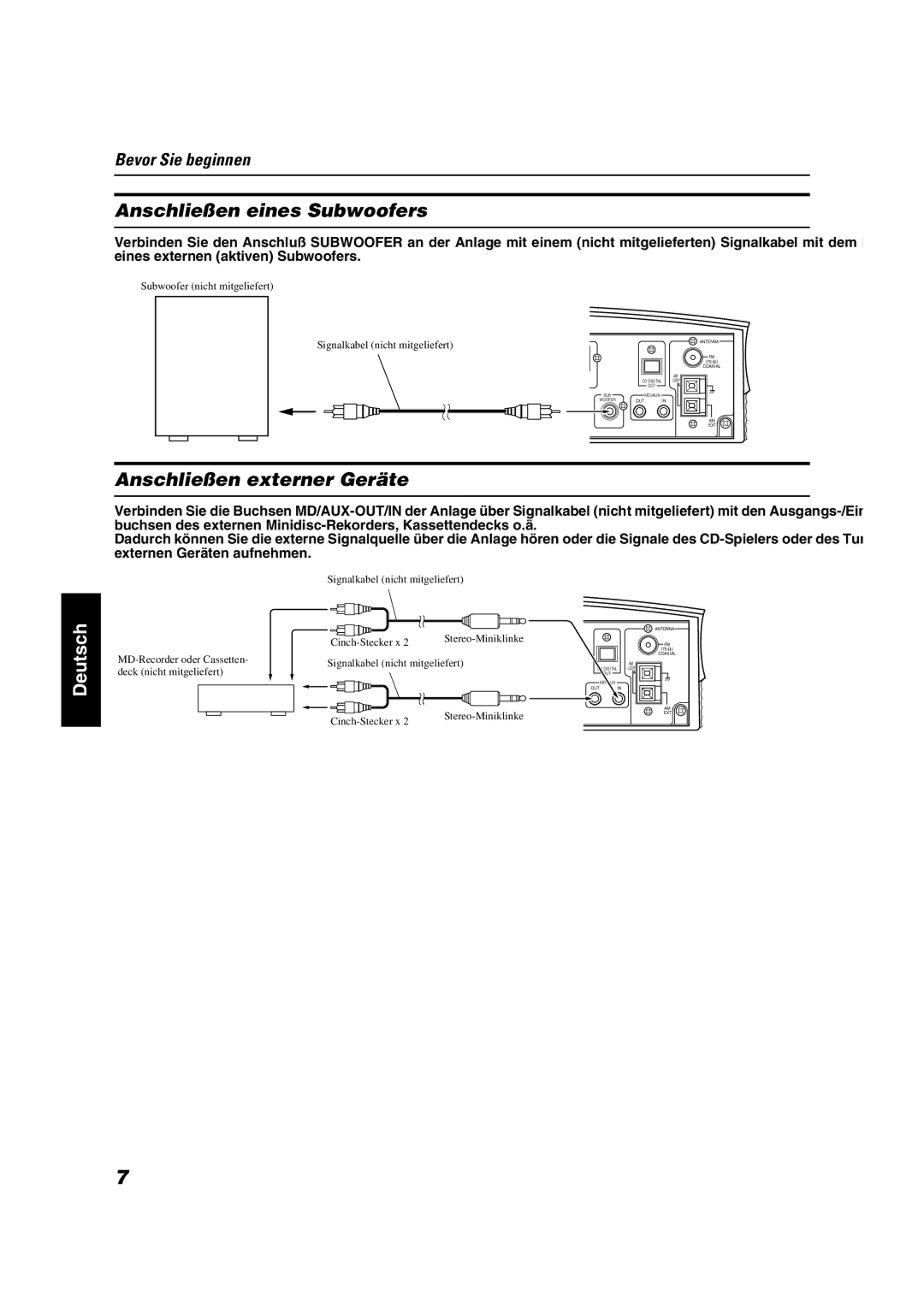 JVC VS-DT9R, VS-DT6R, VS-DT7R manual Anschließen eines Subwoofers, Anschließen externer Geräte 