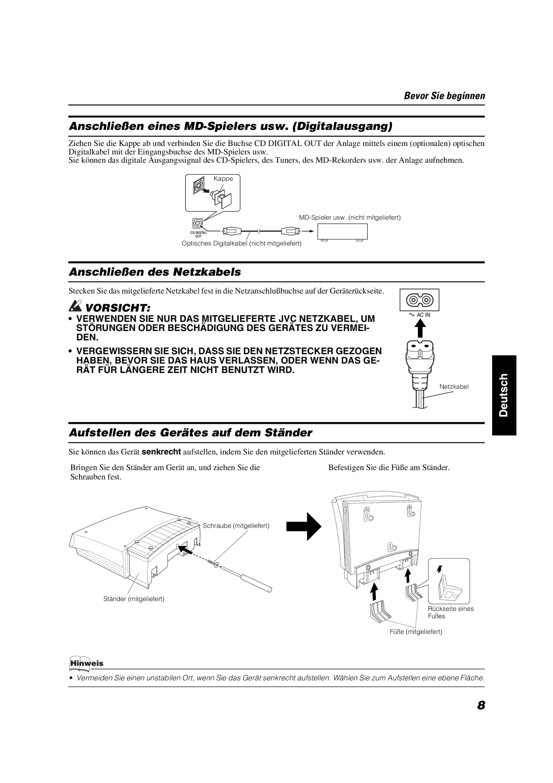 JVC VS-DT6R, VS-DT9R, VS-DT7R manual Anschließen eines MD-Spielers usw. Digitalausgang, Anschließen des Netzkabels 