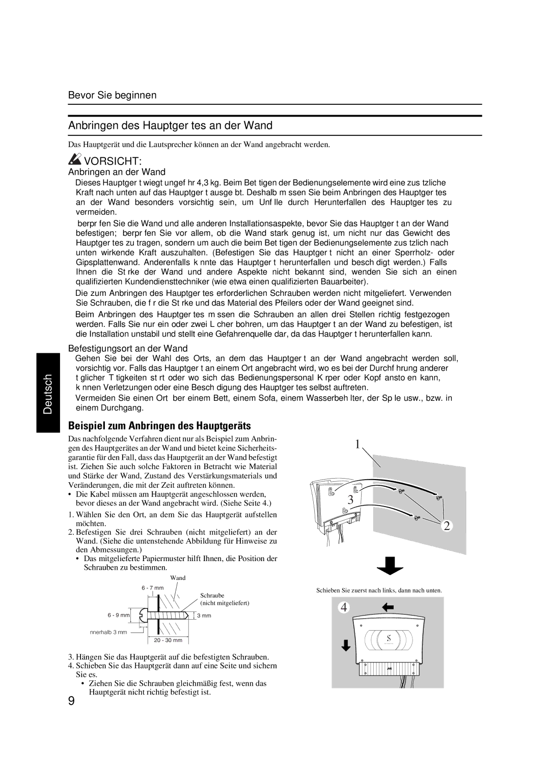 JVC VS-DT7R, VS-DT9R Anbringen des Hauptgerätes an der Wand, Beispiel zum Anbringen des Hauptgeräts, Anbringen an der Wand 