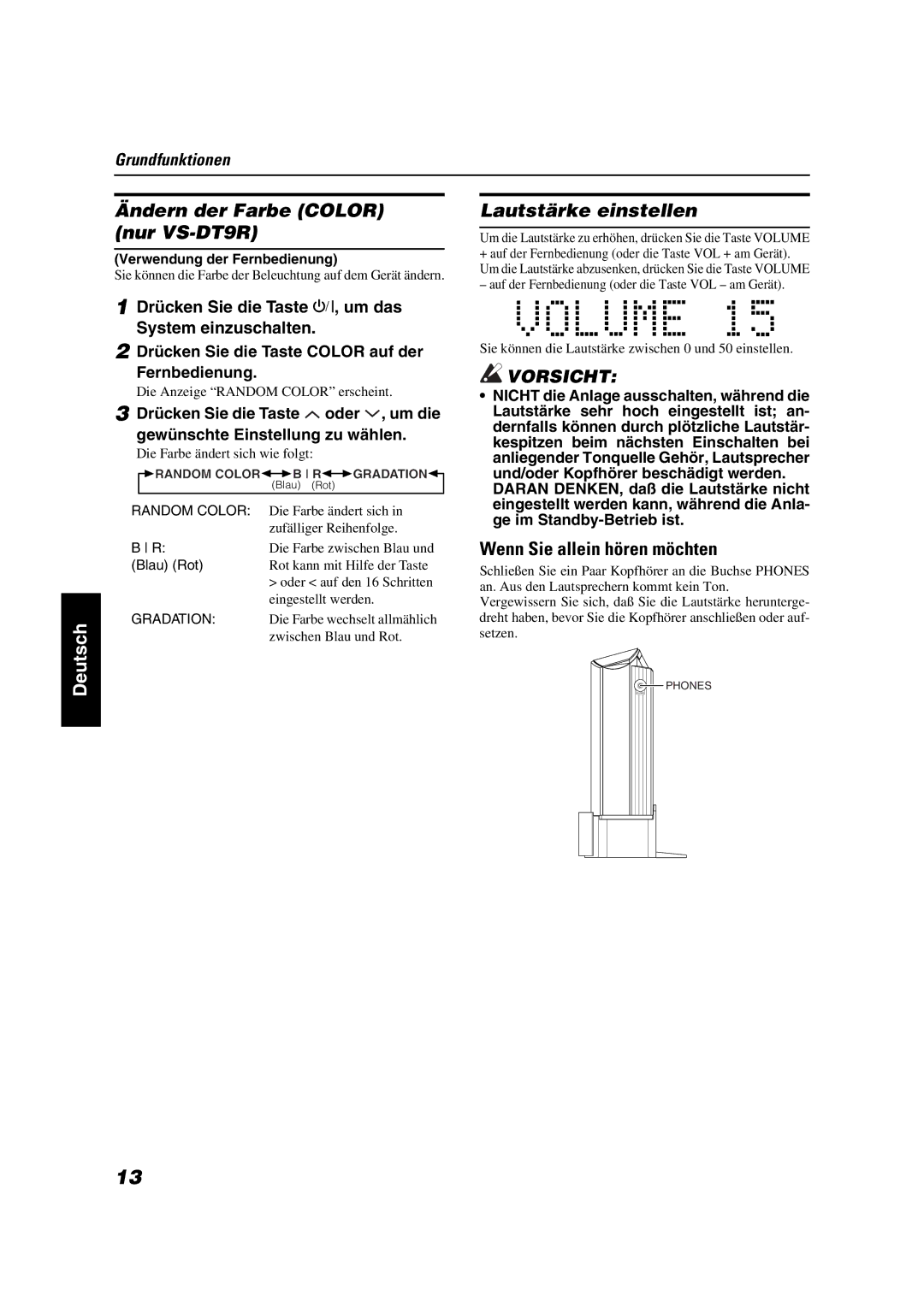 JVC VS-DT6R, VS-DT7R manual Ändern der Farbe Color Lautstärke einstellen Nur VS-DT9R, Wenn Sie allein hören möchten 