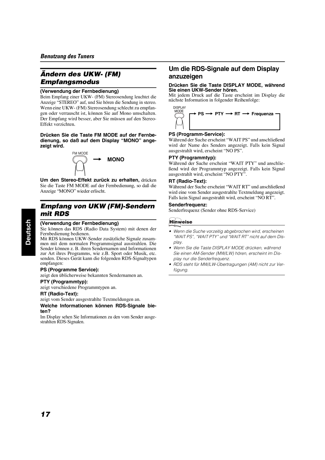 JVC VS-DT6R, VS-DT9R, VS-DT7R manual Ändern des UKW- FM Empfangsmodus, Um die RDS-Signale auf dem Display anzuzeigen 