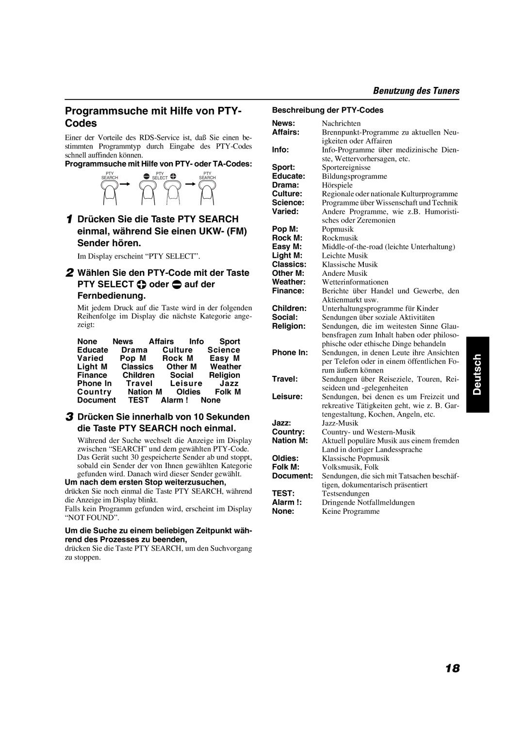 JVC VS-DT7R, VS-DT9R, VS-DT6R manual Programmsuche mit Hilfe von PTY- Codes, Programmsuche mit Hilfe von PTY- oder TA-Codes 