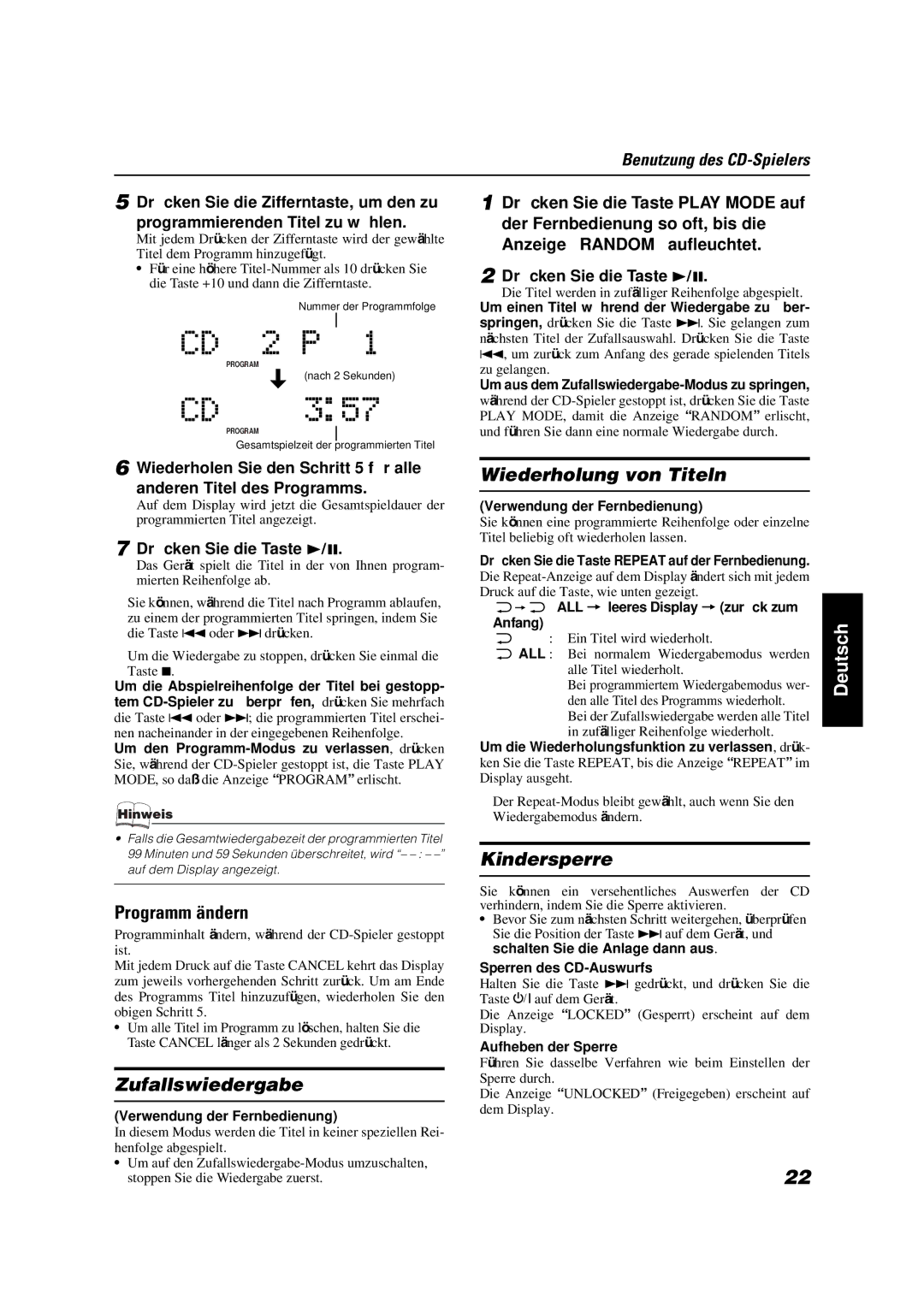 JVC VS-DT9R, VS-DT6R, VS-DT7R manual Programm ändern, Zufallswiedergabe, Wiederholung von Titeln, Kindersperre 