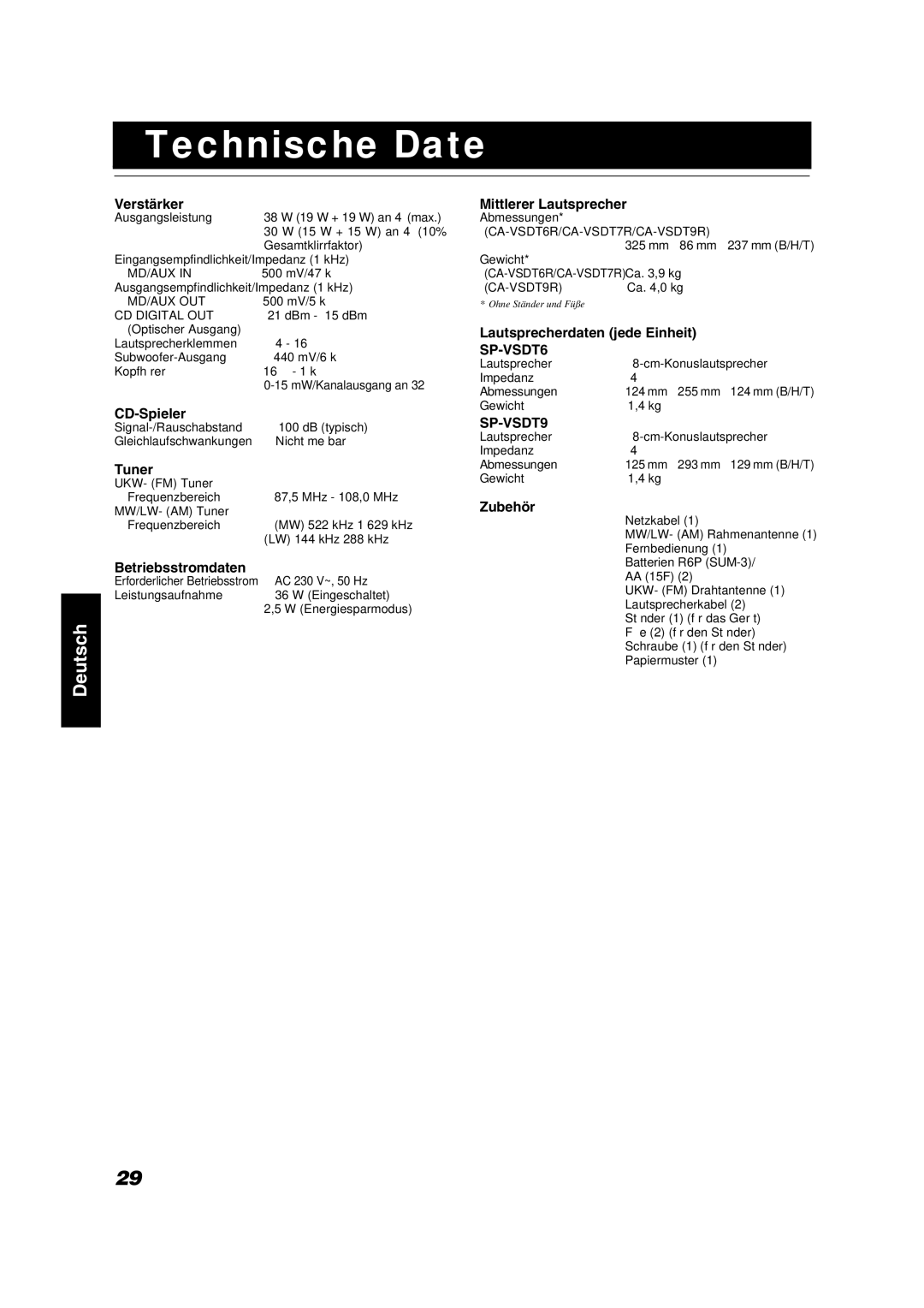 JVC VS-DT6R, VS-DT9R, VS-DT7R manual Technische Date 