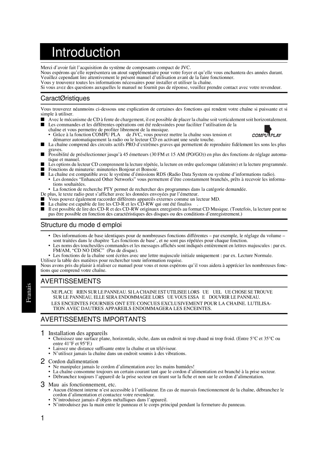 JVC VS-DT9R, VS-DT6R, VS-DT7R manual Introduction, Caractéristiques, Structure du mode d’emploi 