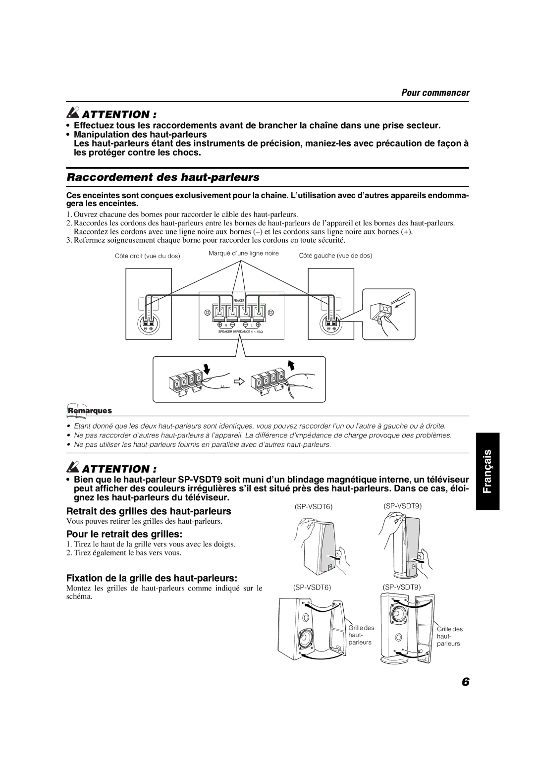 JVC VS-DT7R, VS-DT9R Raccordement des haut-parleurs, Retrait des grilles des haut-parleurs, Pour le retrait des grilles 