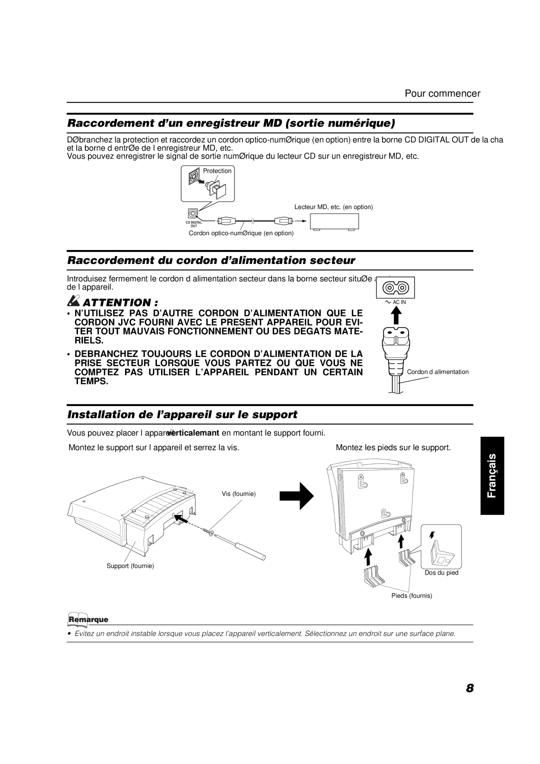 JVC VS-DT6R, VS-DT9R Raccordement d’un enregistreur MD sortie numérique, Raccordement du cordon d’alimentation secteur 