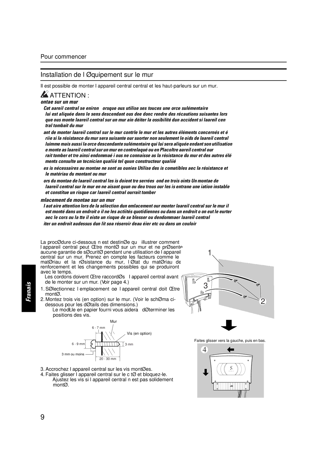 JVC VS-DT7R, VS-DT9R manual Installation de l’équipement sur le mur, Exemple de montage appareil central, Montage sur un mur 