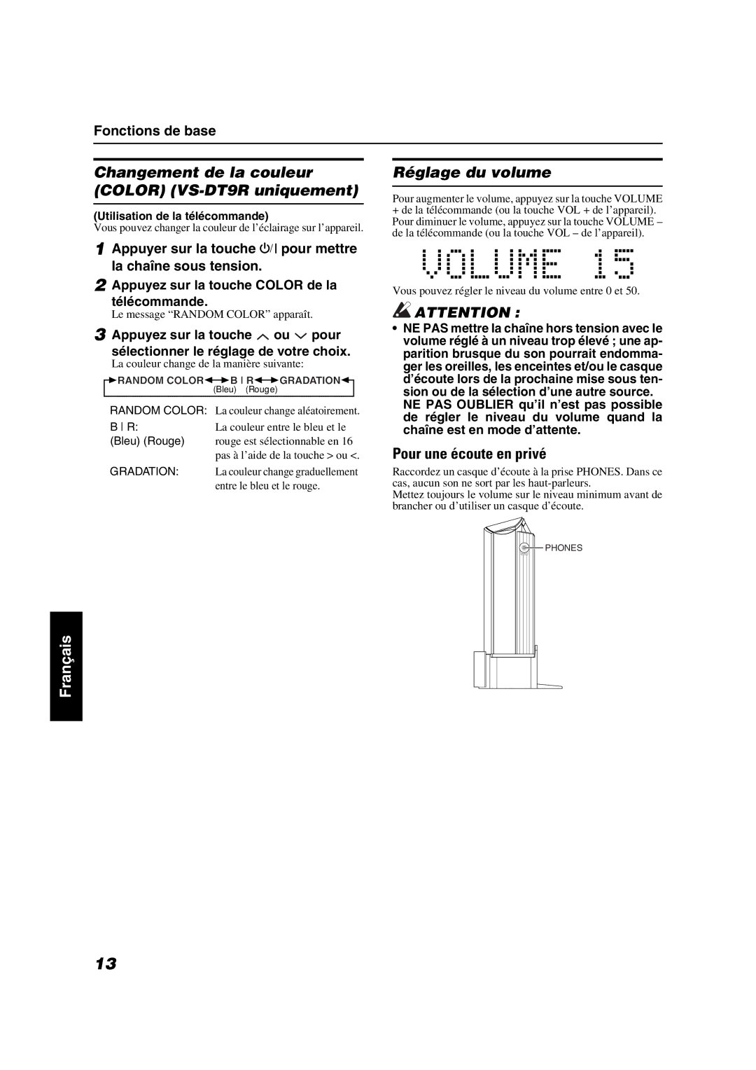 JVC VS-DT6R, VS-DT7R Changement de la couleur Color VS-DT9R uniquement, Réglage du volume, Pour une écoute en privé 