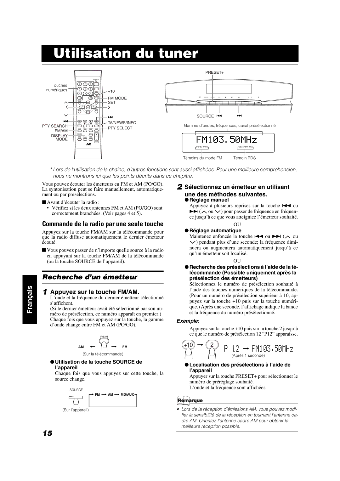 JVC VS-DT7R, VS-DT9R, VS-DT6R manual Utilisation du tuner, Recherche d’un émetteur, Sélectionnez un émetteur en utilisant 