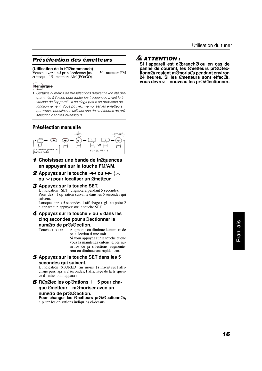 JVC VS-DT9R Présélection des émetteurs, Présélection manuelle, Appuyez sur la touche SET dans les 5 secondes qui suivent 