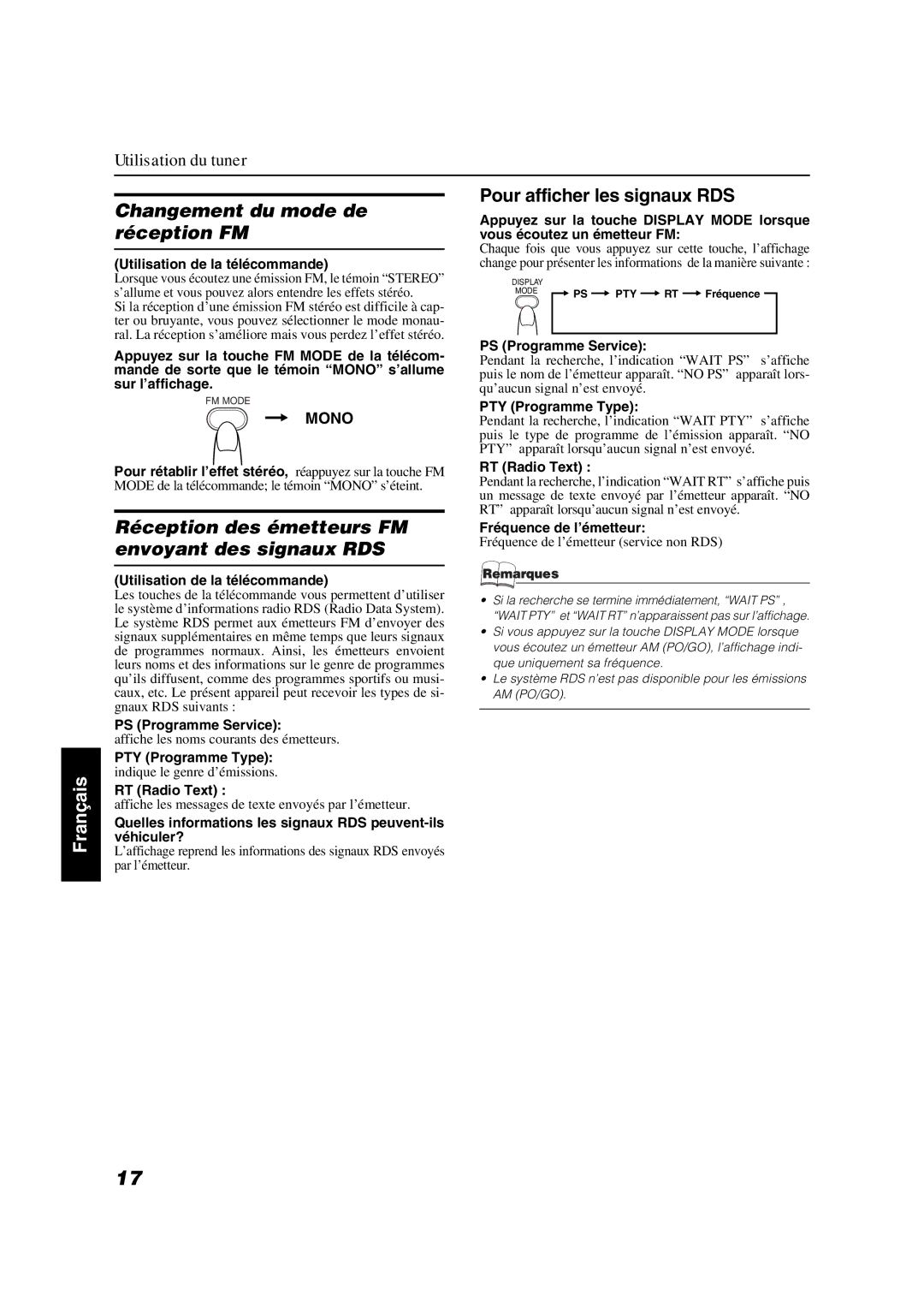 JVC VS-DT6R, VS-DT9R, VS-DT7R Changement du mode de réception FM, Pour afficher les signaux RDS, Fréquence de l’émetteur 