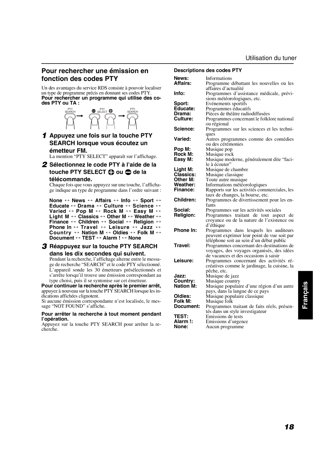 JVC VS-DT7R, VS-DT9R, VS-DT6R manual Pour rechercher une émission en fonction des codes PTY, Descriptions des codes PTY News 