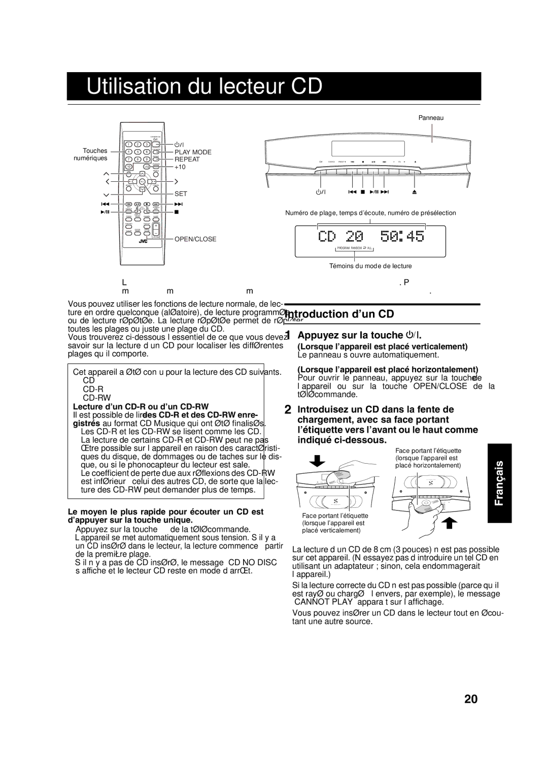 JVC VS-DT6R, VS-DT9R, VS-DT7R manual Utilisation du lecteur CD, Introduction d’un CD, Appuyez sur la touche % 