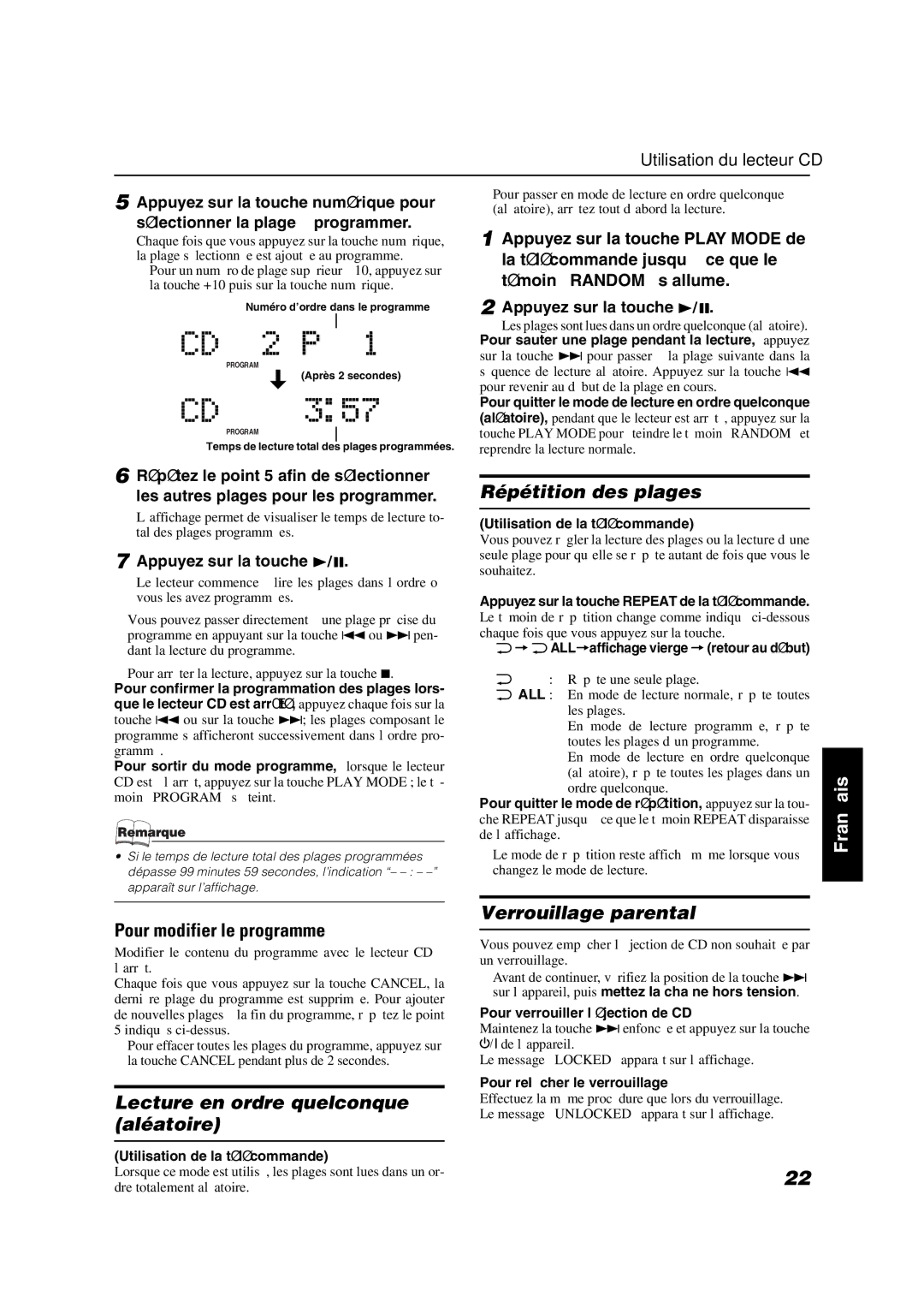 JVC VS-DT9R Pour modifier le programme, Lecture en ordre quelconque aléatoire Répétition des plages, Verrouillage parental 